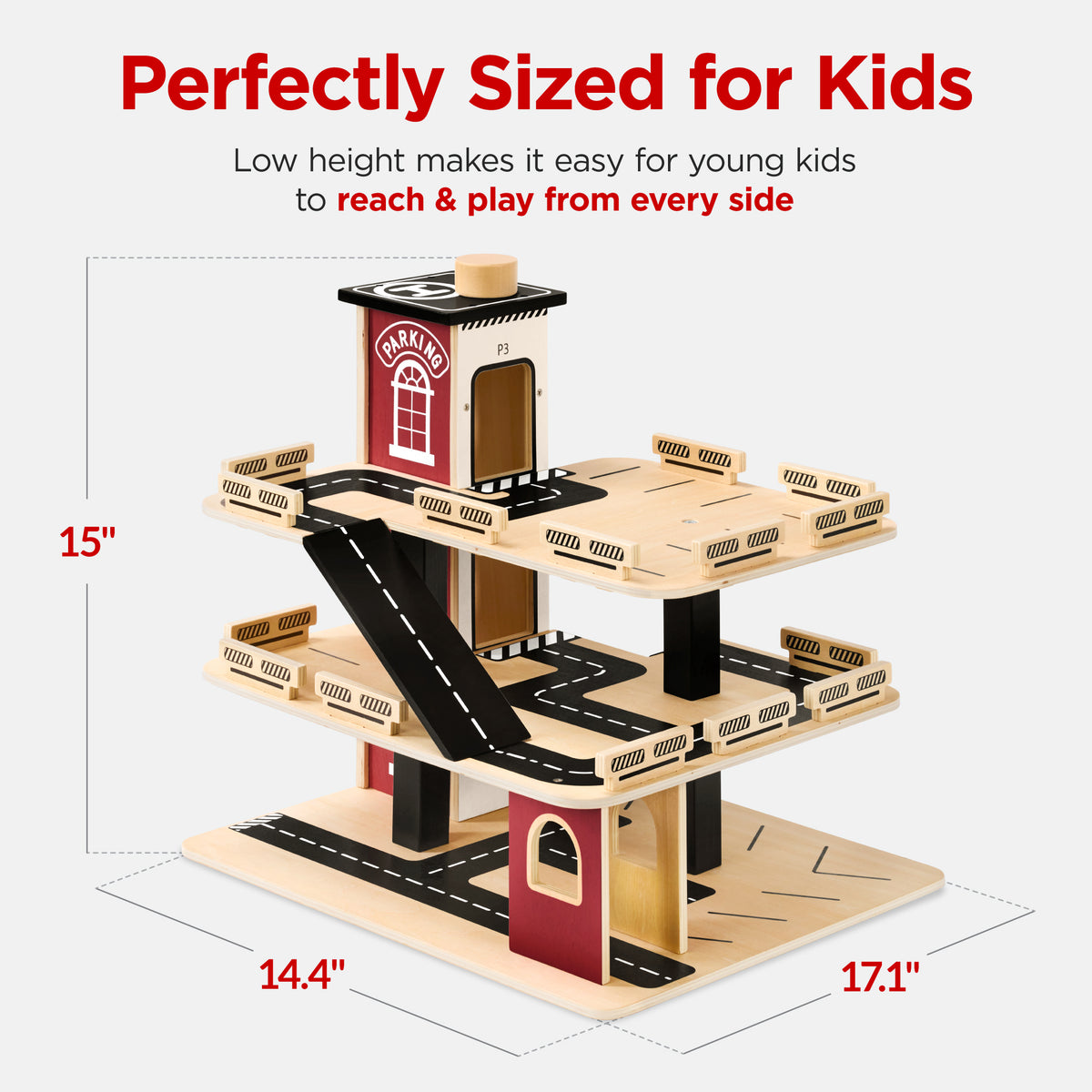 3-Story Wooden Parking Garage Playset w/ Car Elevator, Helipad & 11 Pieces