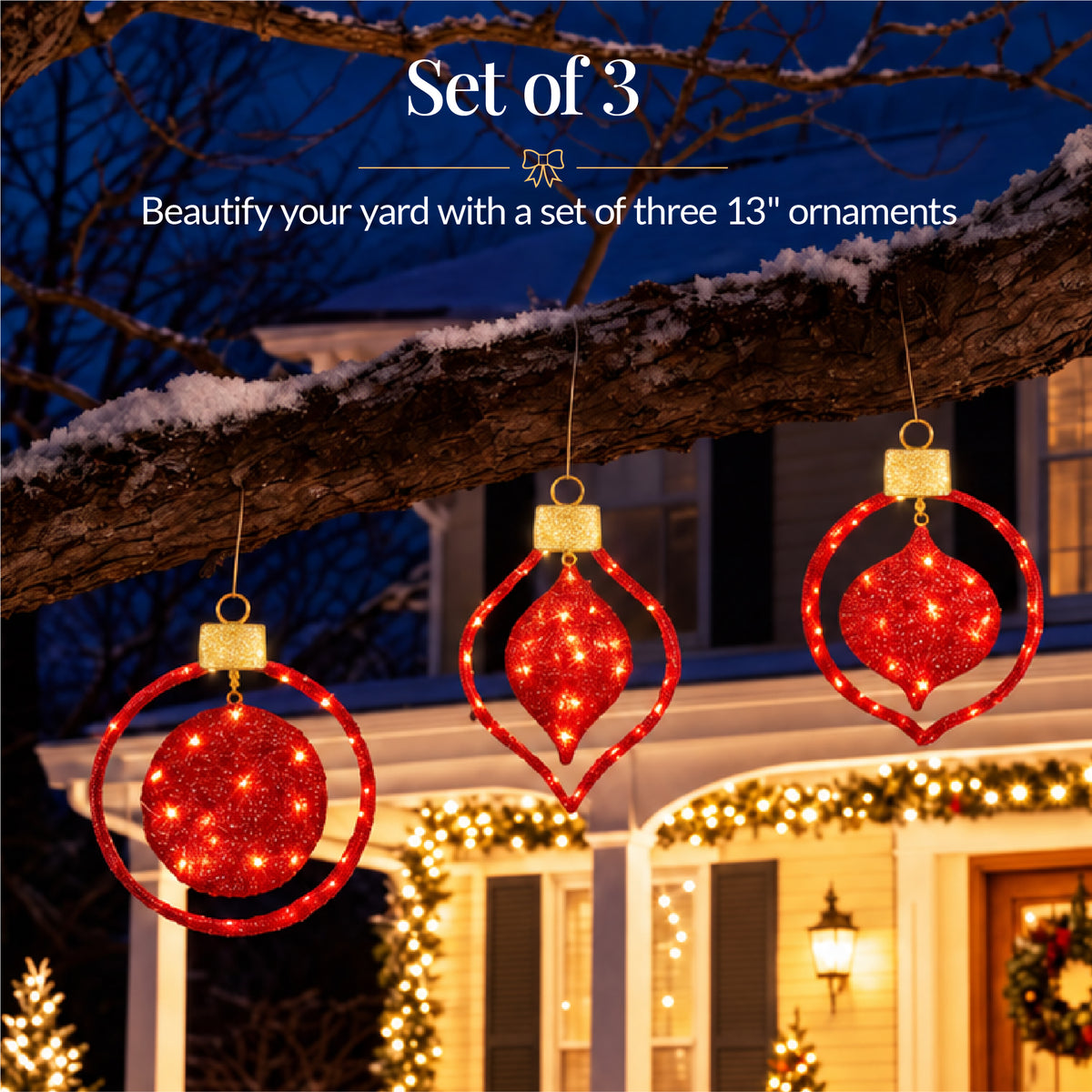 3pc Pre-Lit 2D Hanging Christmas Ornaments 14in Outdoor Lighted Decorations