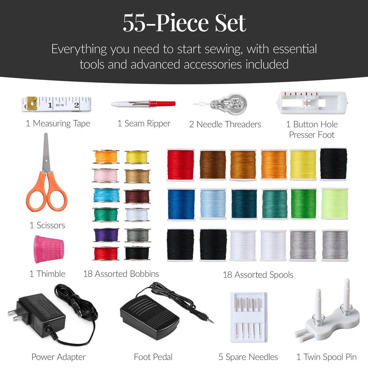55-Piece Sewing Machine Kit, w/ 16 Stitch Patterns, Double Stitching