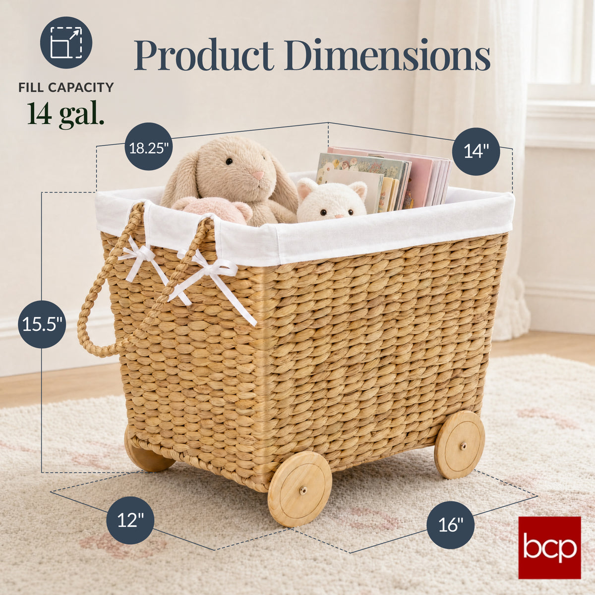 Kids Mobile Woven Wagon Toy Storage Basket W/ Wheels for Nursery & Playroom