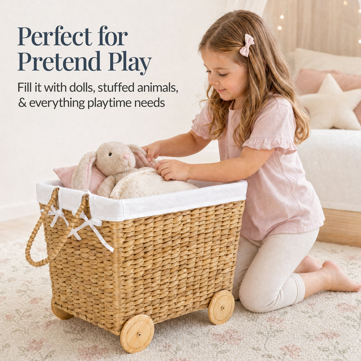 Kids Mobile Woven Wagon Toy Storage Basket W/ Wheels for Nursery & Playroom