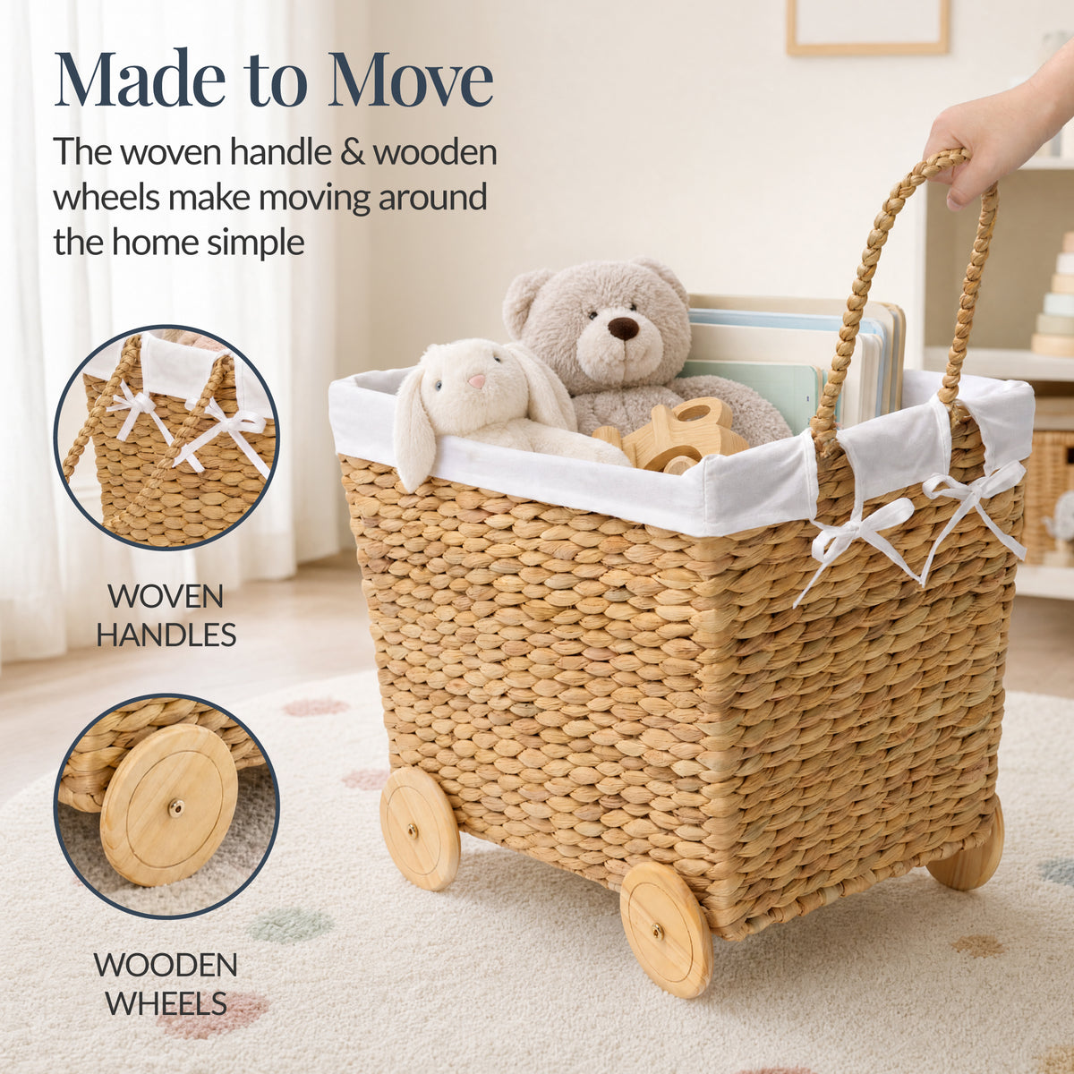 Kids Mobile Woven Wagon Toy Storage Basket W/ Wheels for Nursery & Playroom