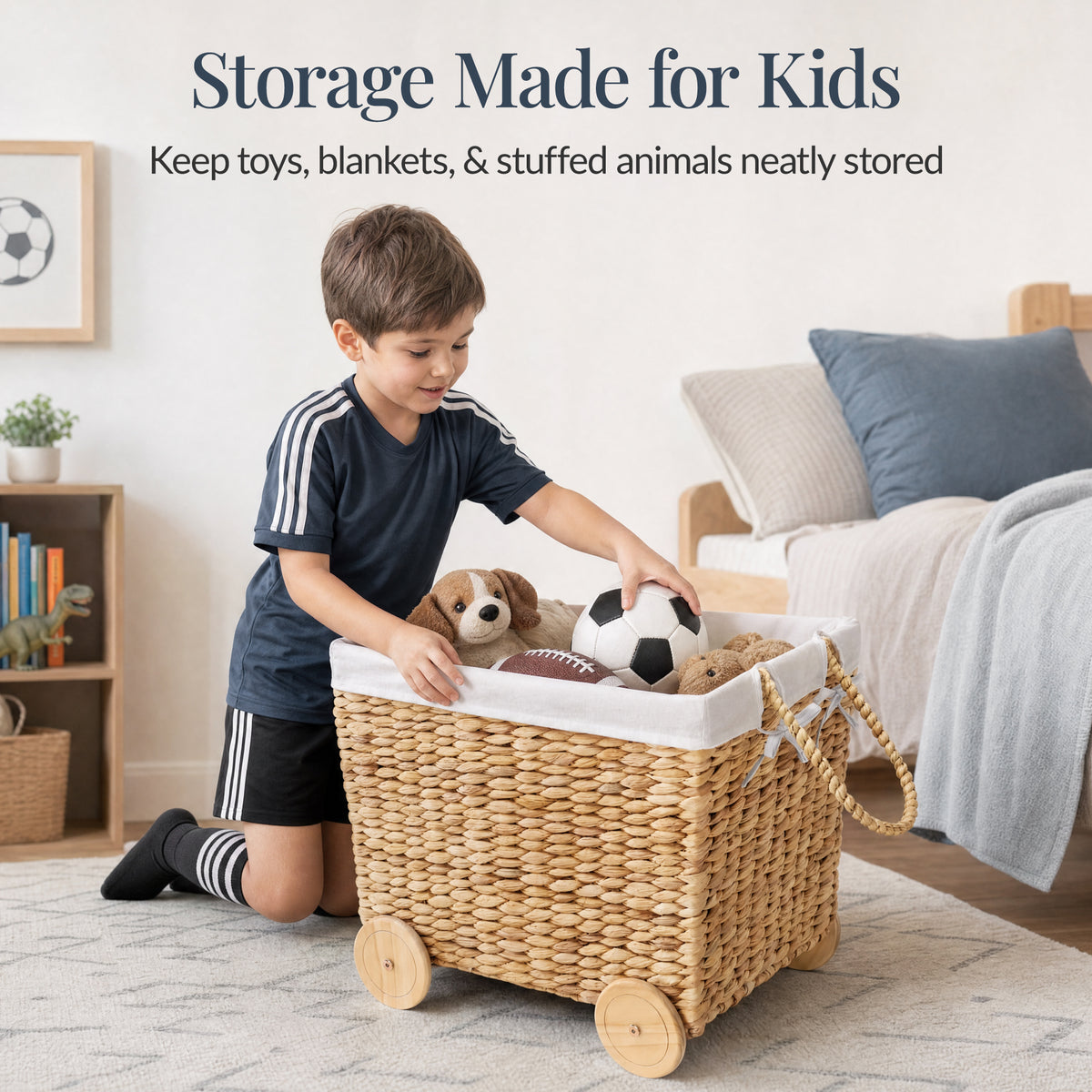 Kids Mobile Woven Wagon Toy Storage Basket W/ Wheels for Nursery & Playroom