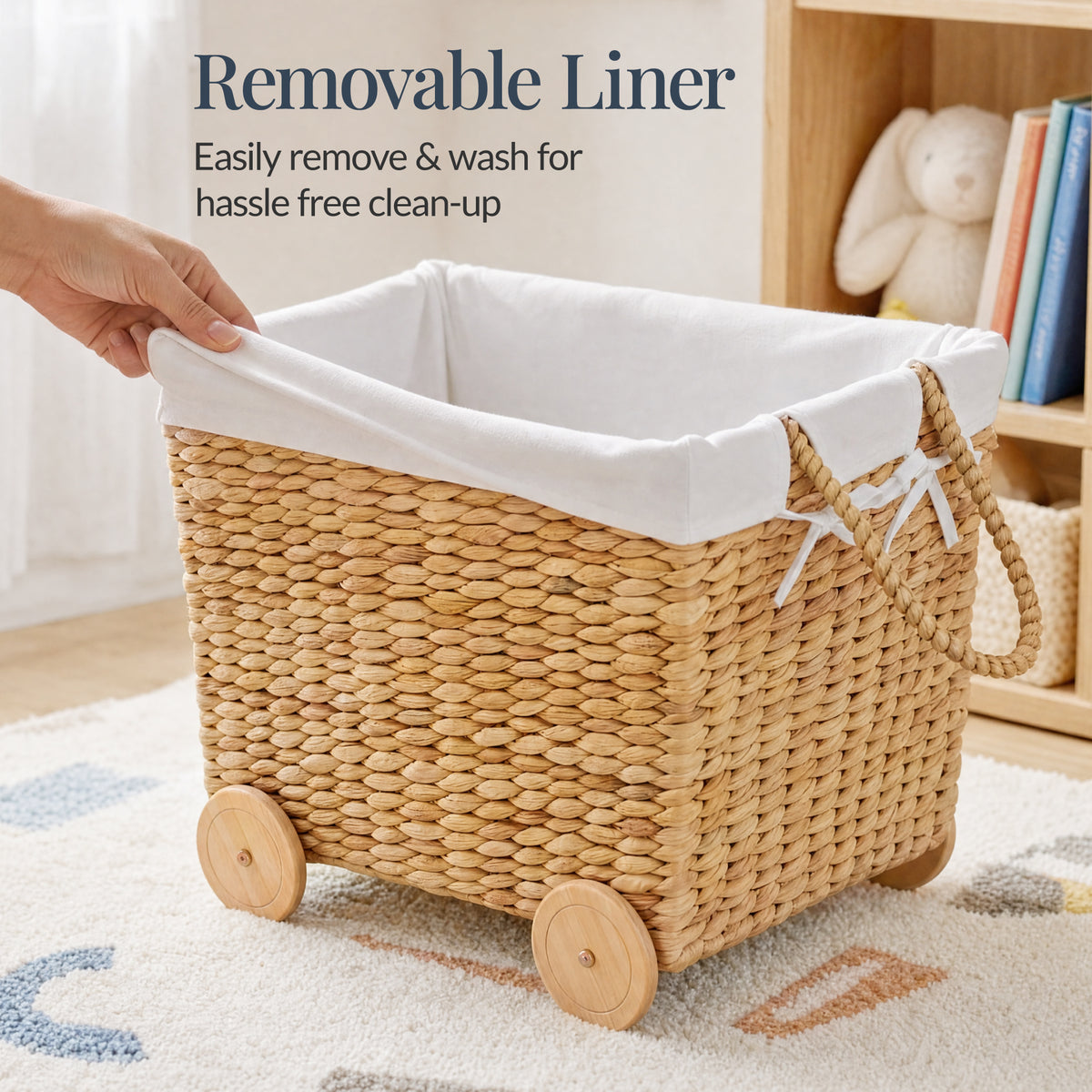 Kids Mobile Woven Wagon Toy Storage Basket W/ Wheels for Nursery & Playroom