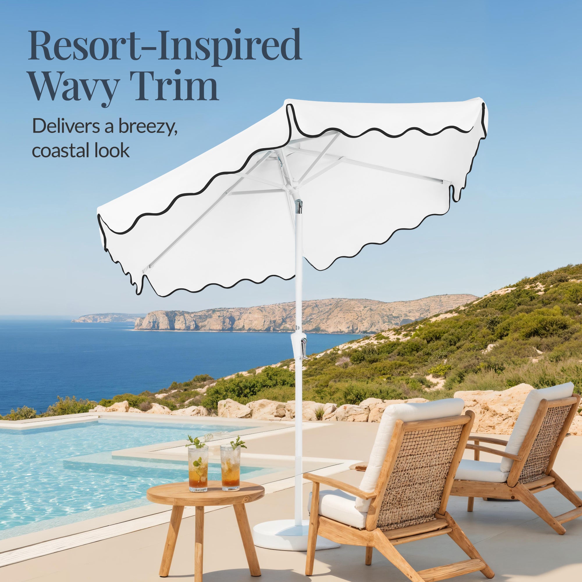9ft Patio Market Umbrella, Wavy Trim, UV Fade Resistant, Crank & Tilt