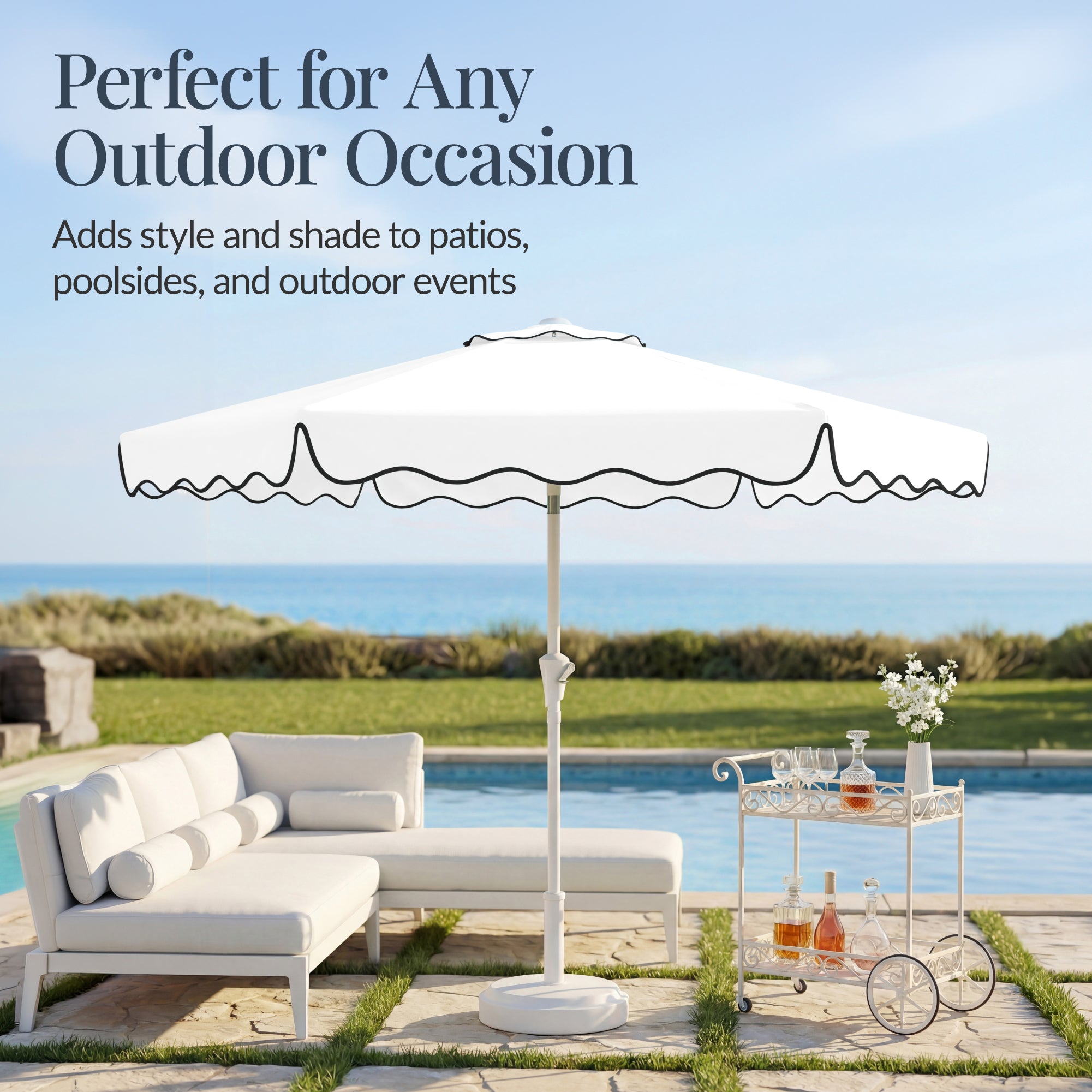 9ft Patio Market Umbrella, Wavy Trim, UV Fade Resistant, Crank & Tilt