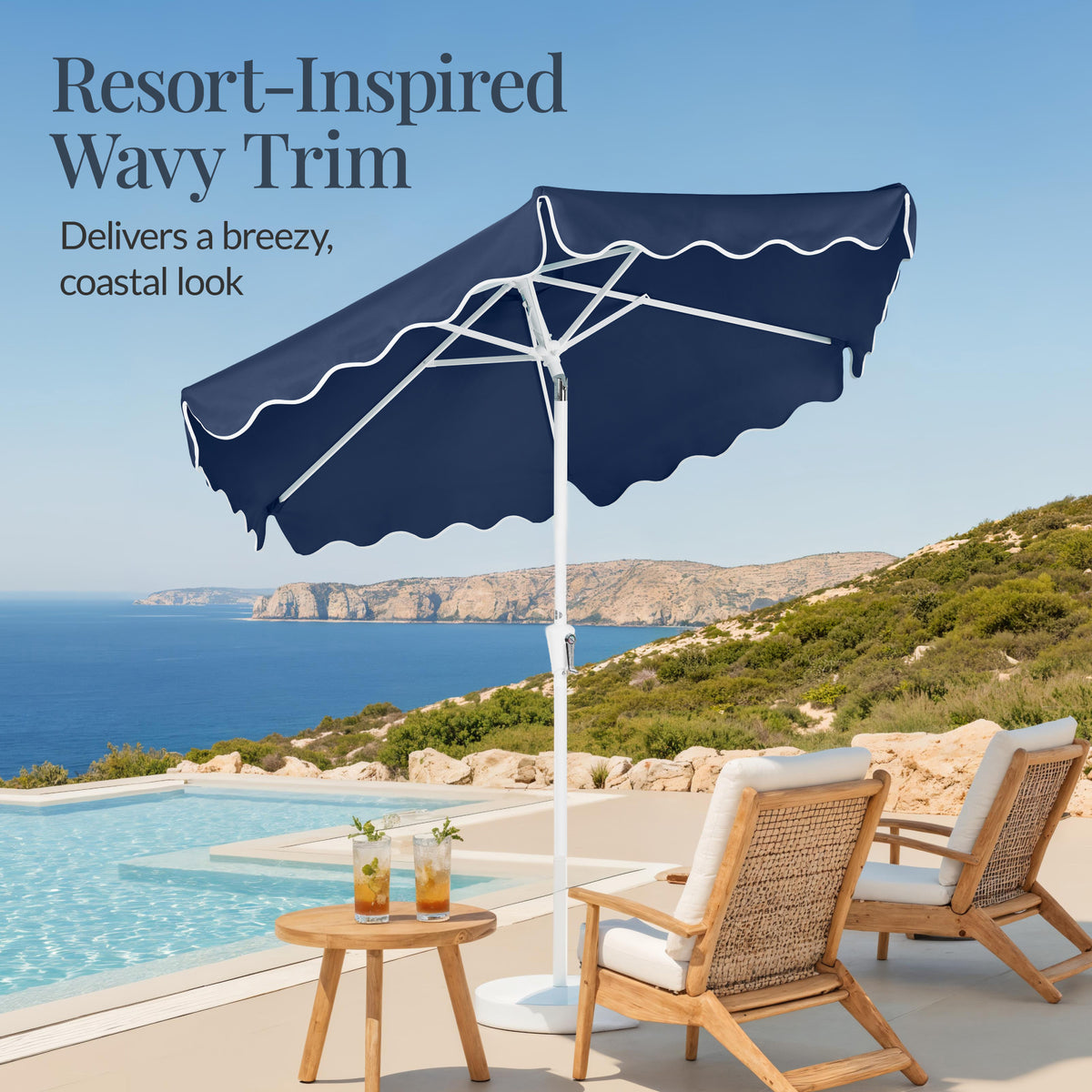 9ft Patio Market Umbrella, Wavy Trim, UV Fade Resistant, Crank & Tilt