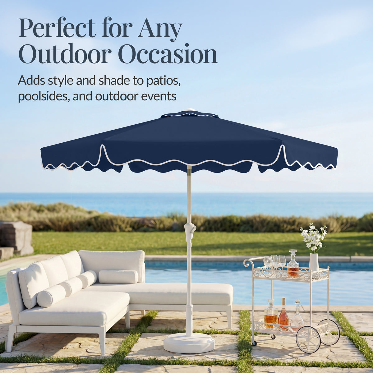 9ft Patio Market Umbrella, Wavy Trim, UV Fade Resistant, Crank & Tilt