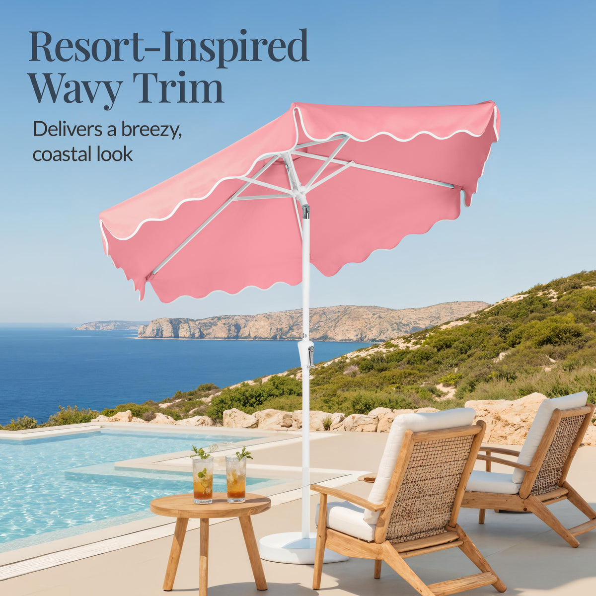 9ft Patio Market Umbrella, Wavy Trim, UV Fade Resistant, Crank & Tilt