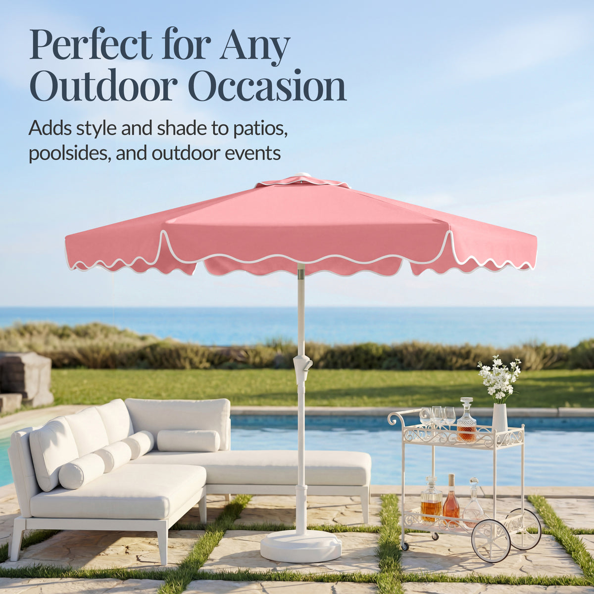 9ft Patio Market Umbrella, Wavy Trim, UV Fade Resistant, Crank & Tilt