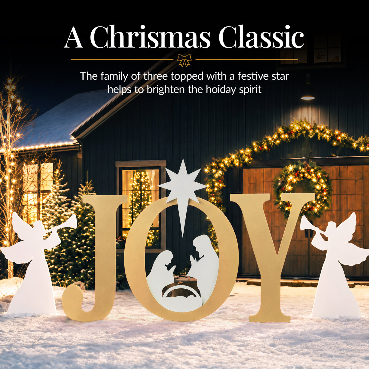 3-Piece Christmas JOY Nativity Yard Decoration w/ Ground Stakes - 46in