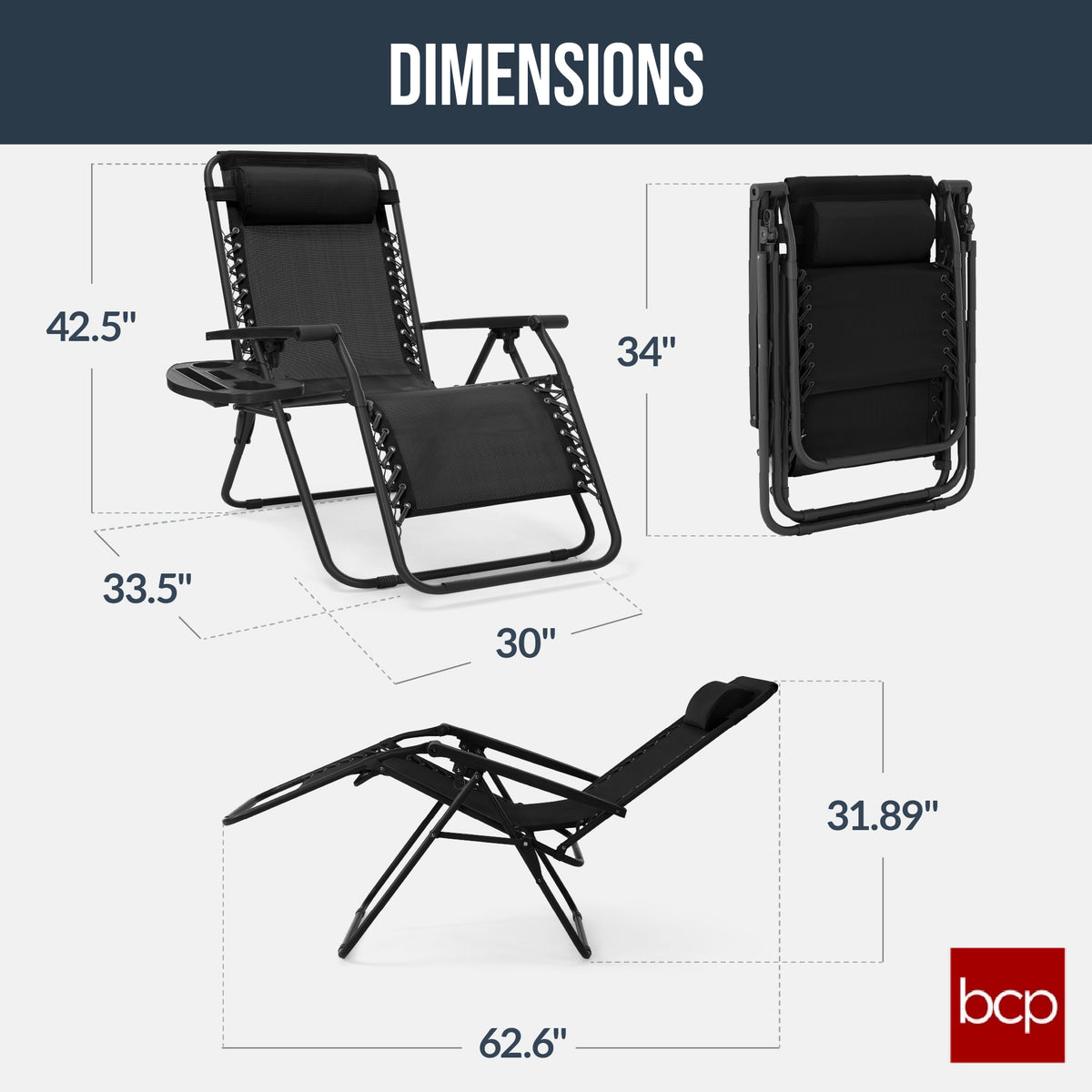 30" Wide Folding Zero Gravity Patio Lounge Chair