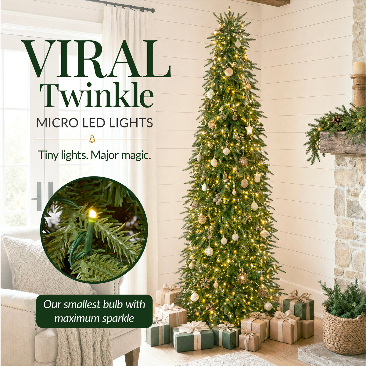 Artificial Downswept Aspen Pencil Christmas Tree Twinkling 2-in-1 LEDs
