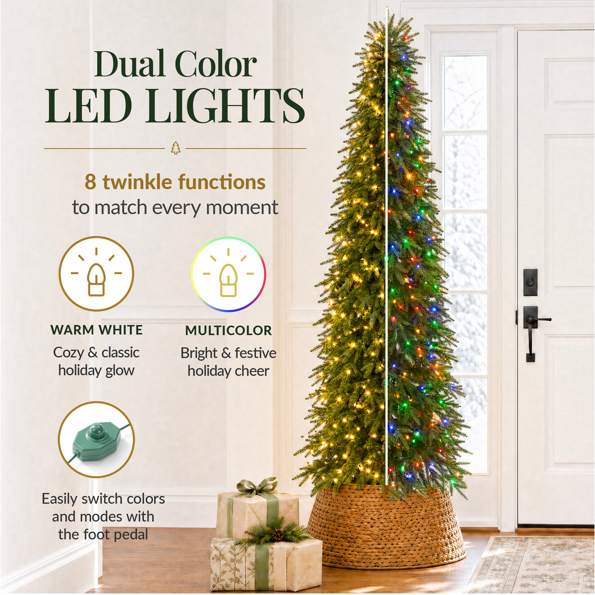 Artificial Downswept Aspen Pencil Christmas Tree Twinkling 2-in-1 LEDs