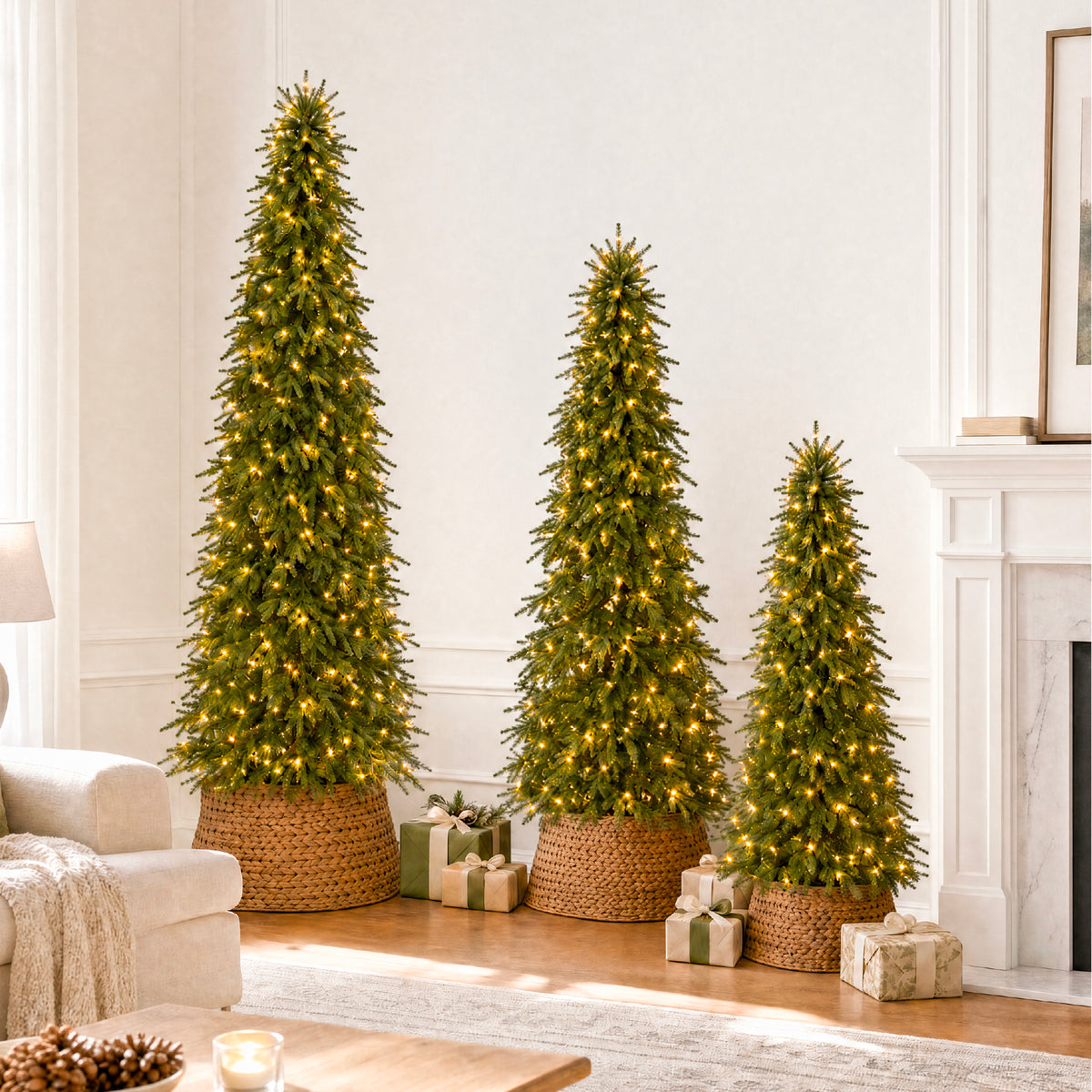 Artificial Downswept Aspen Pencil Christmas Tree Twinkling 2-in-1 LEDs