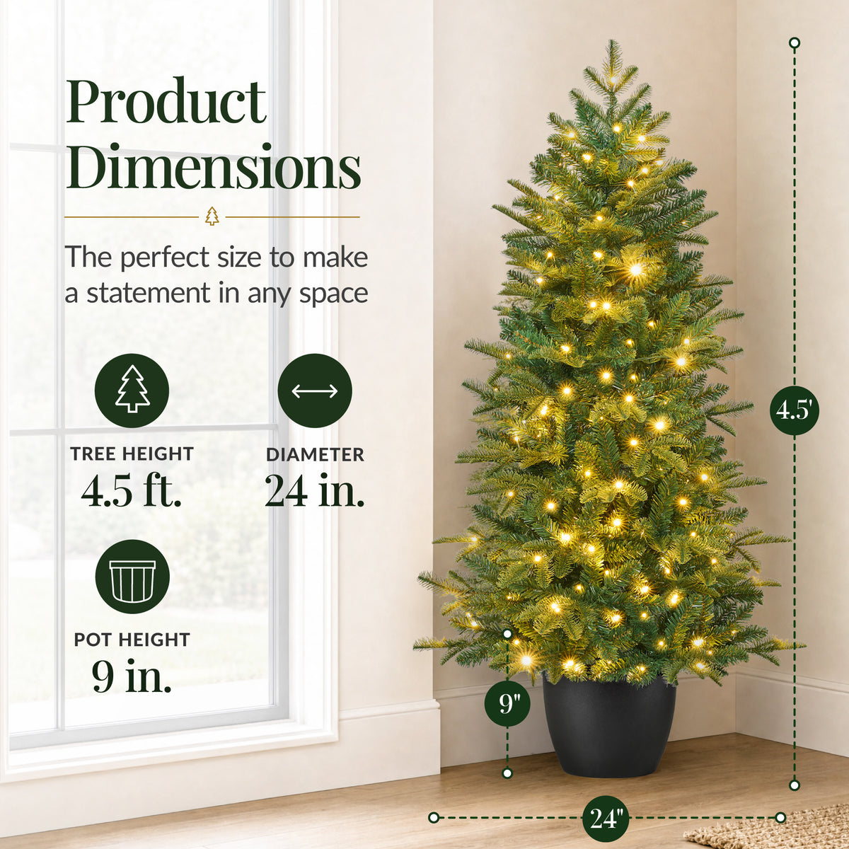 Prelit Potted Pencil Christmas Tree w/ Twinkling Micro LED Lights