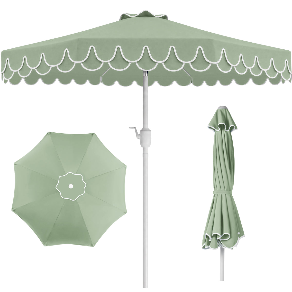 9ft Patio Market Umbrella, Double Scallop Trim, UV Resistant, Crank & Tilt