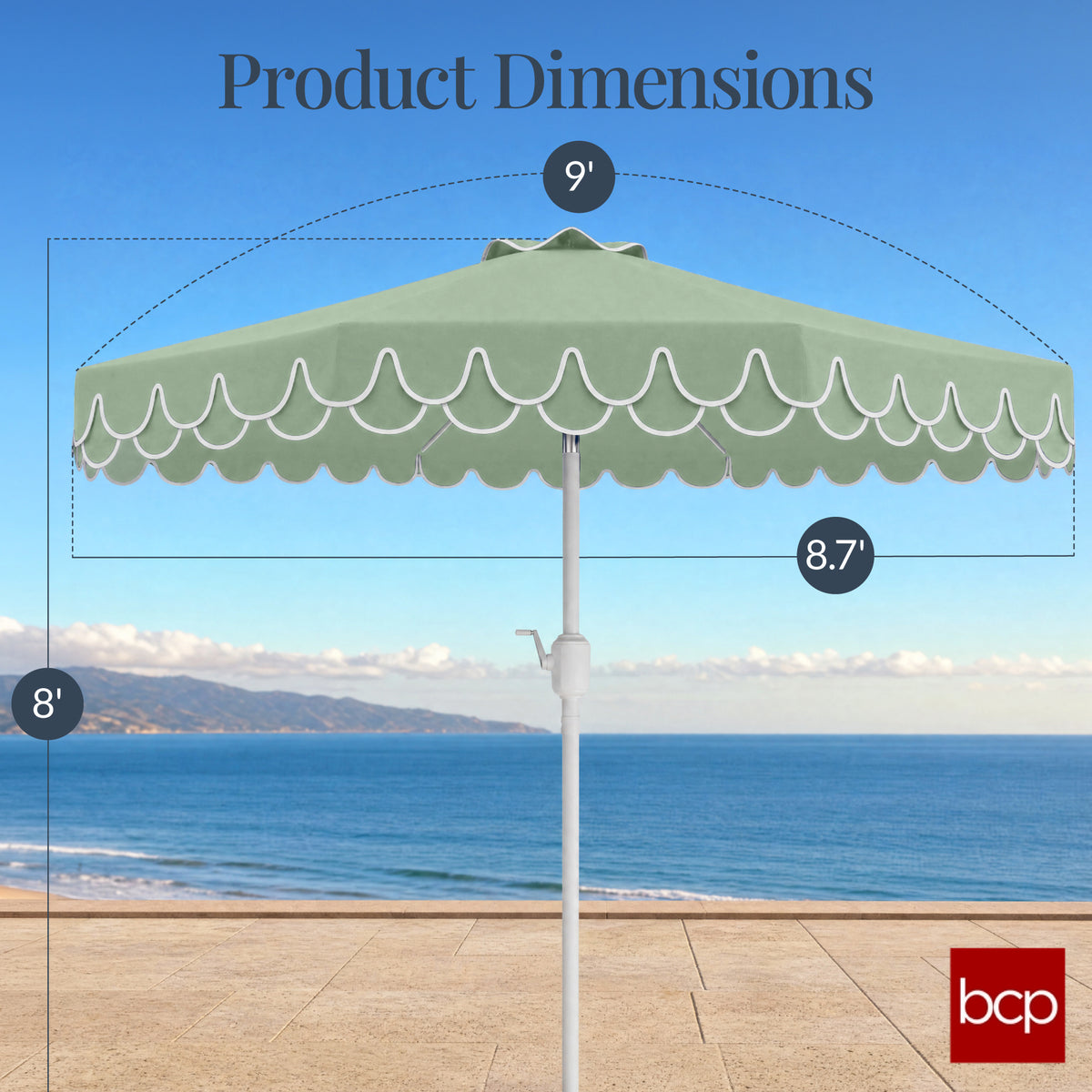 9ft Patio Market Umbrella, Double Scallop Trim, UV Resistant, Crank & Tilt