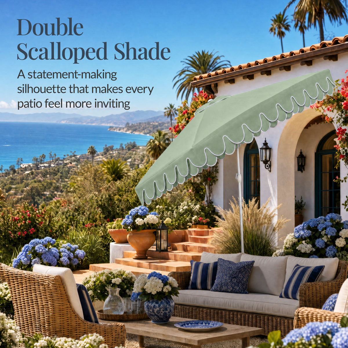9ft Patio Market Umbrella, Double Scallop Trim, UV Resistant, Crank & Tilt