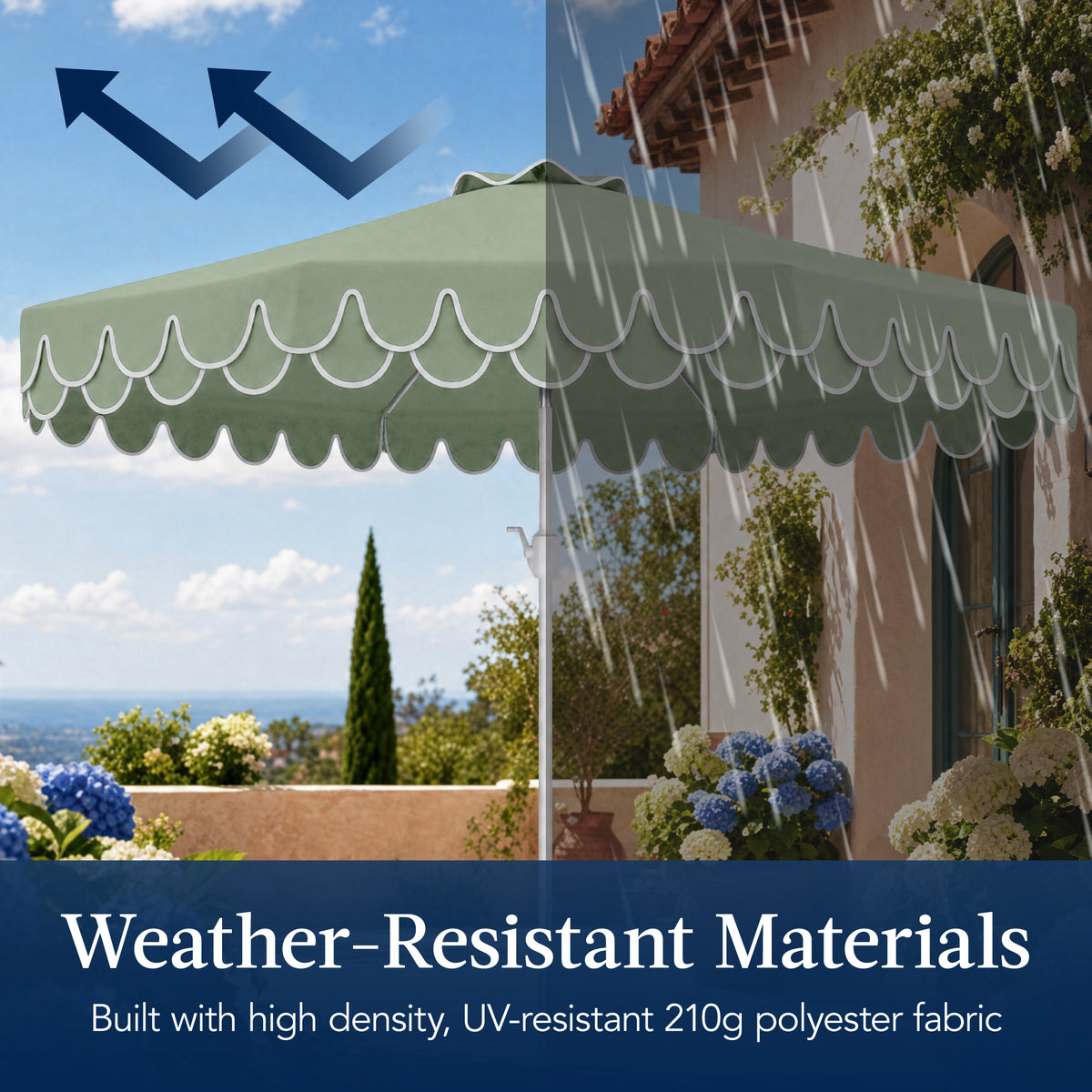 9ft Patio Market Umbrella, Double Scallop Trim, UV Resistant, Crank & Tilt