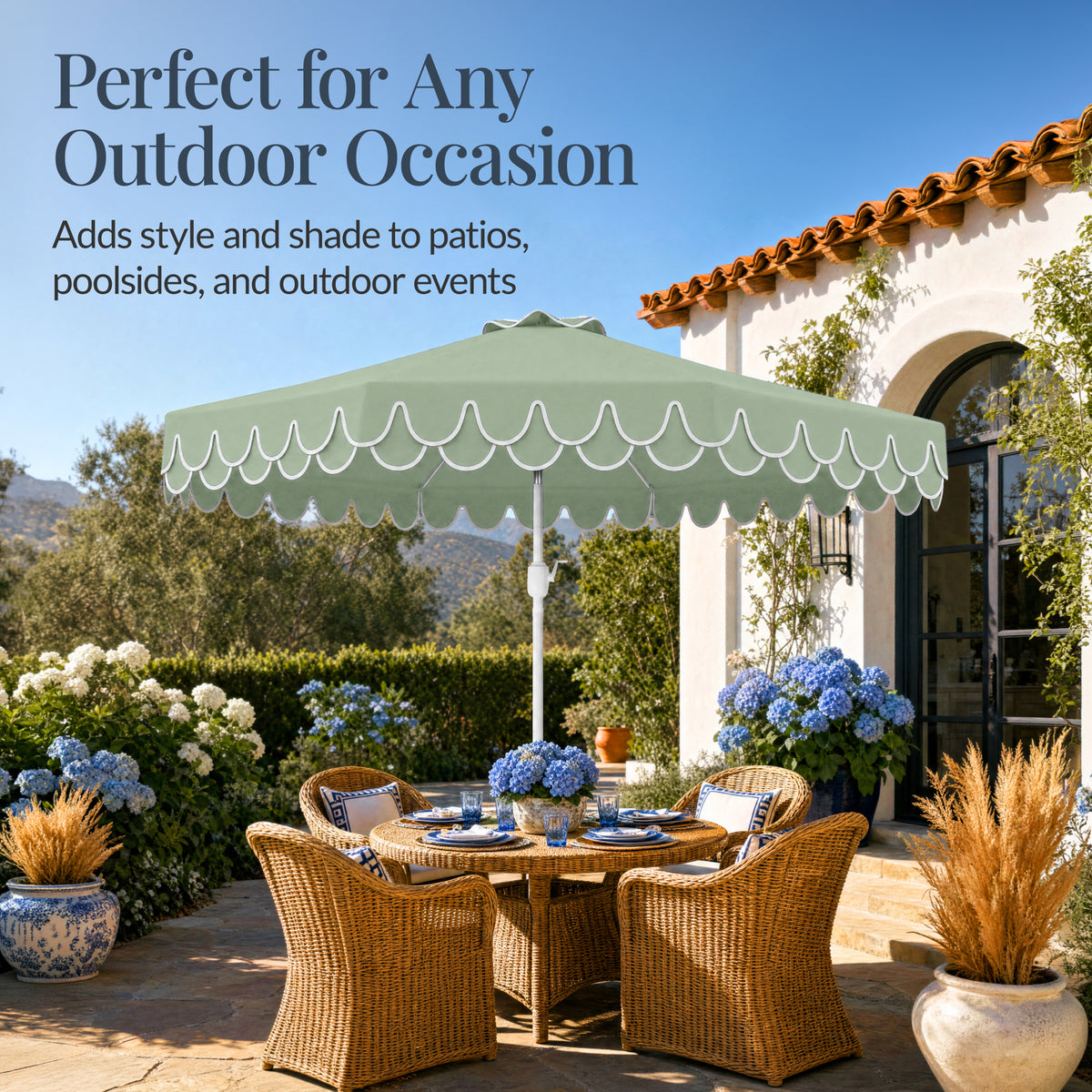 9ft Patio Market Umbrella, Double Scallop Trim, UV Resistant, Crank & Tilt