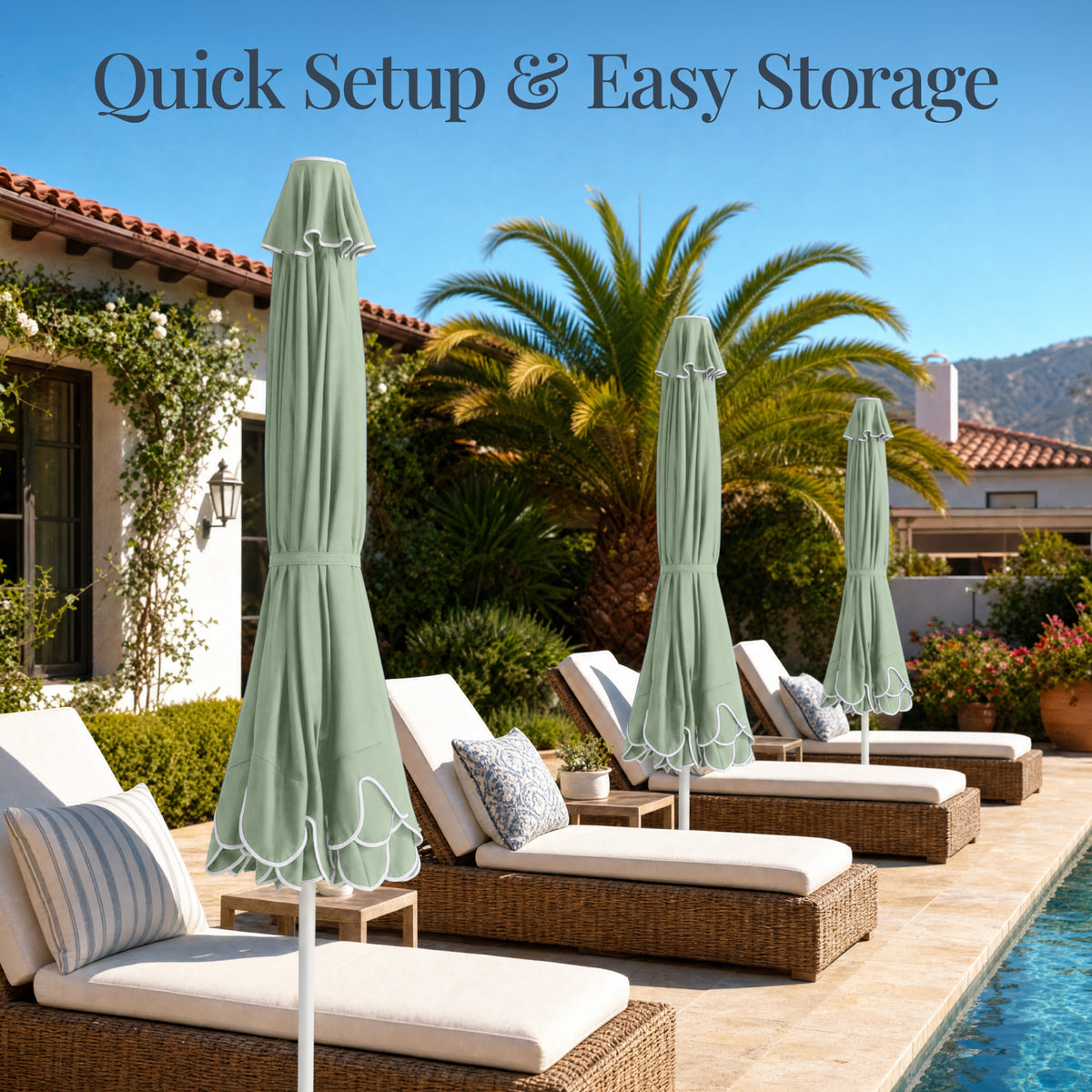 9ft Patio Market Umbrella, Double Scallop Trim, UV Resistant, Crank & Tilt