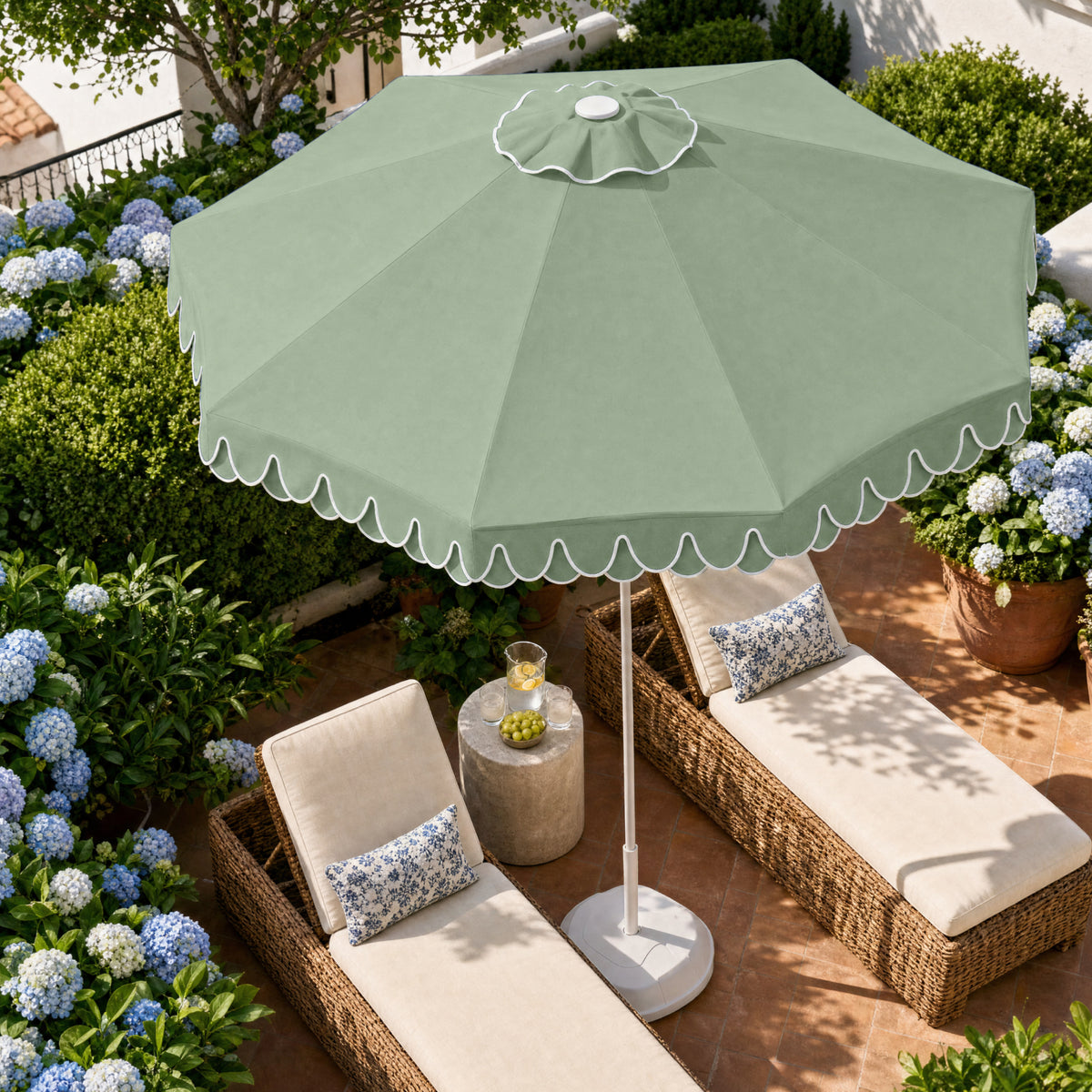 9ft Patio Market Umbrella, Double Scallop Trim, UV Resistant, Crank & Tilt
