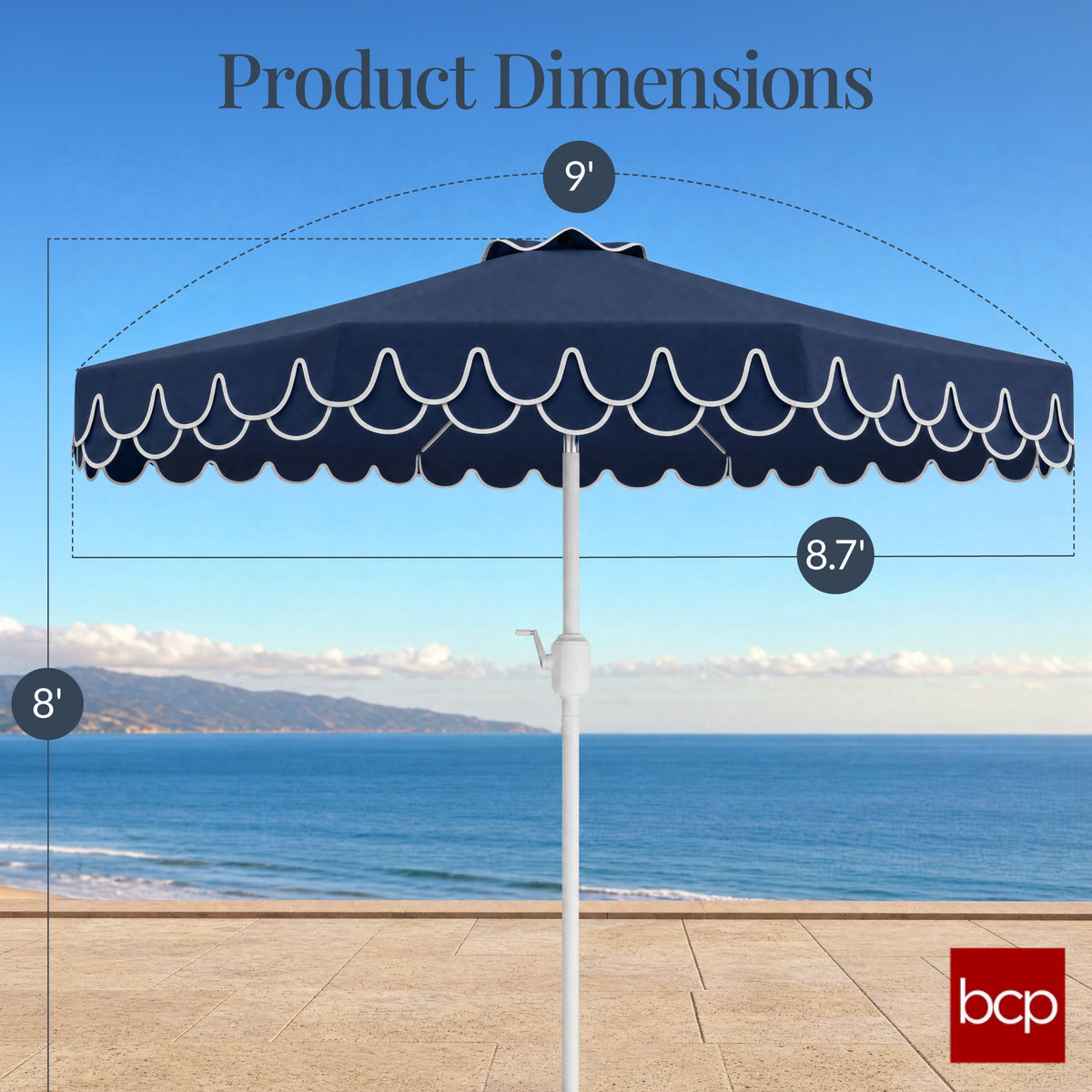 9ft Patio Market Umbrella, Double Scallop Trim, UV Resistant, Crank & Tilt