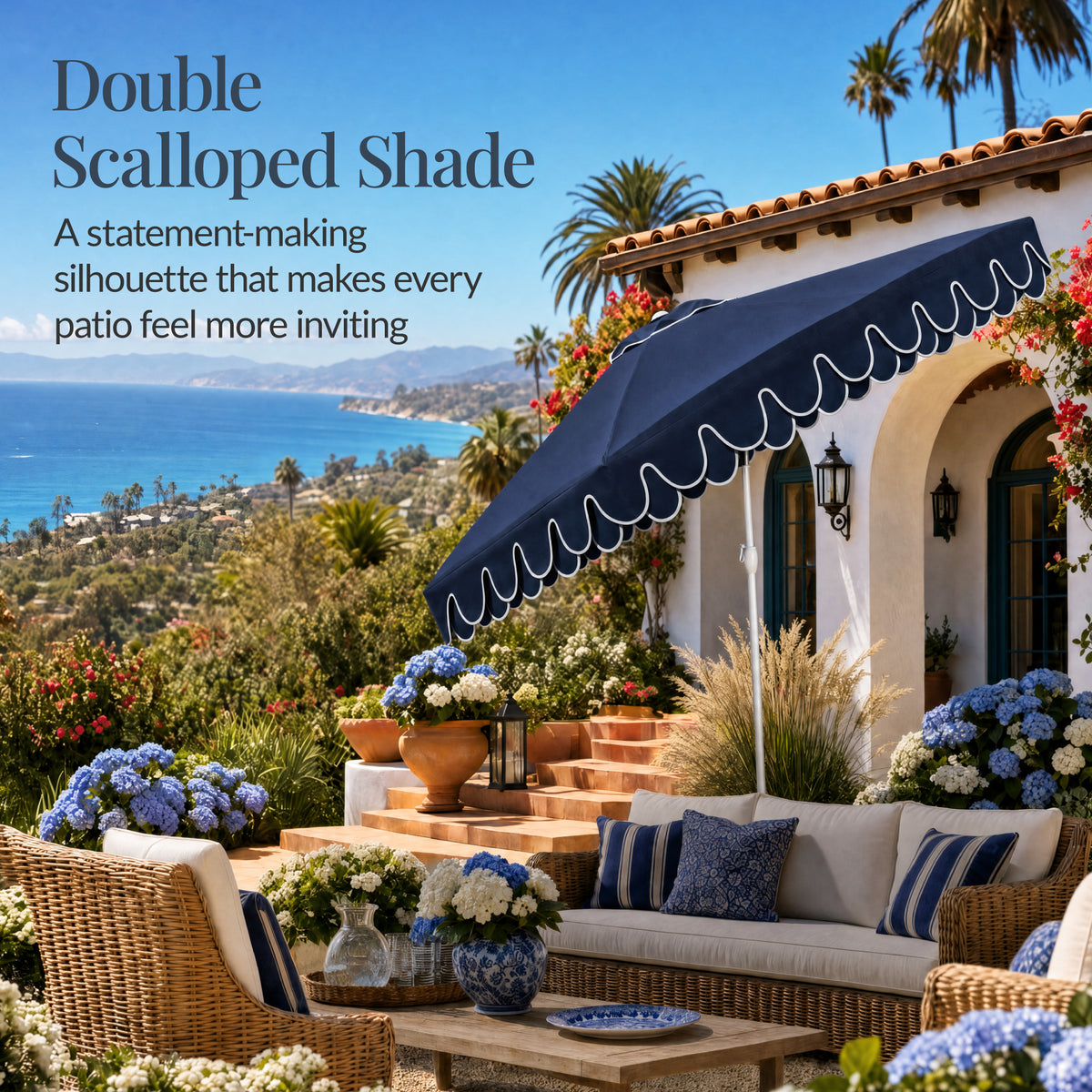 9ft Patio Market Umbrella, Double Scallop Trim, UV Resistant, Crank & Tilt