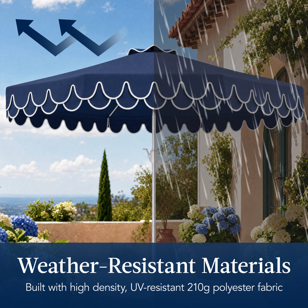9ft Patio Market Umbrella, Double Scallop Trim, UV Resistant, Crank & Tilt