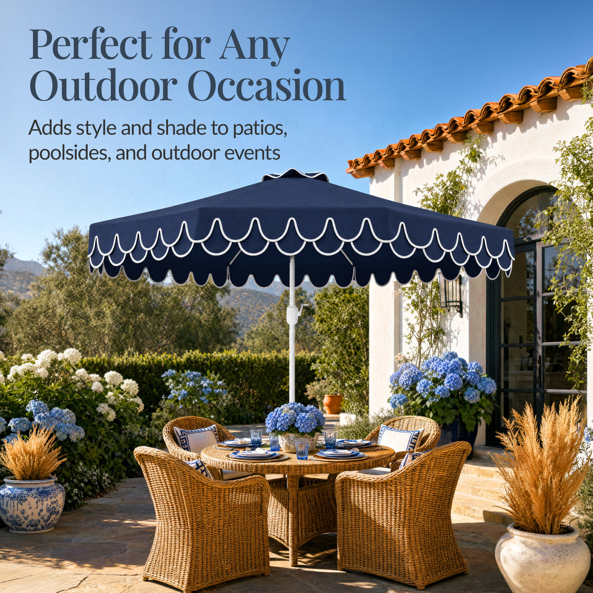 9ft Patio Market Umbrella, Double Scallop Trim, UV Resistant, Crank & Tilt