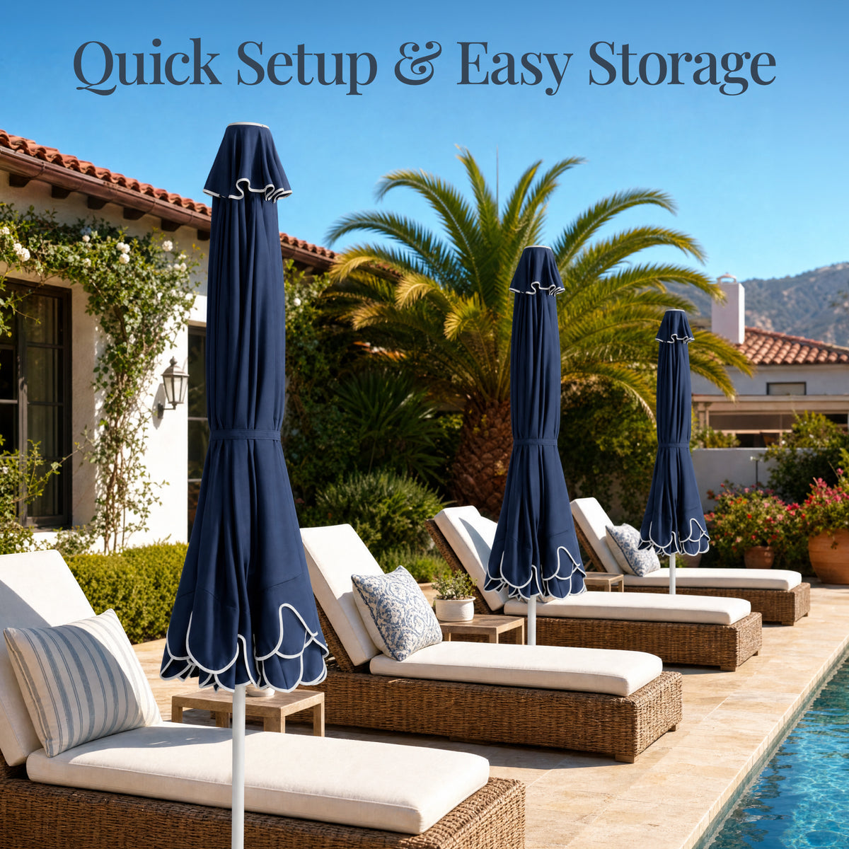 9ft Patio Market Umbrella, Double Scallop Trim, UV Resistant, Crank & Tilt