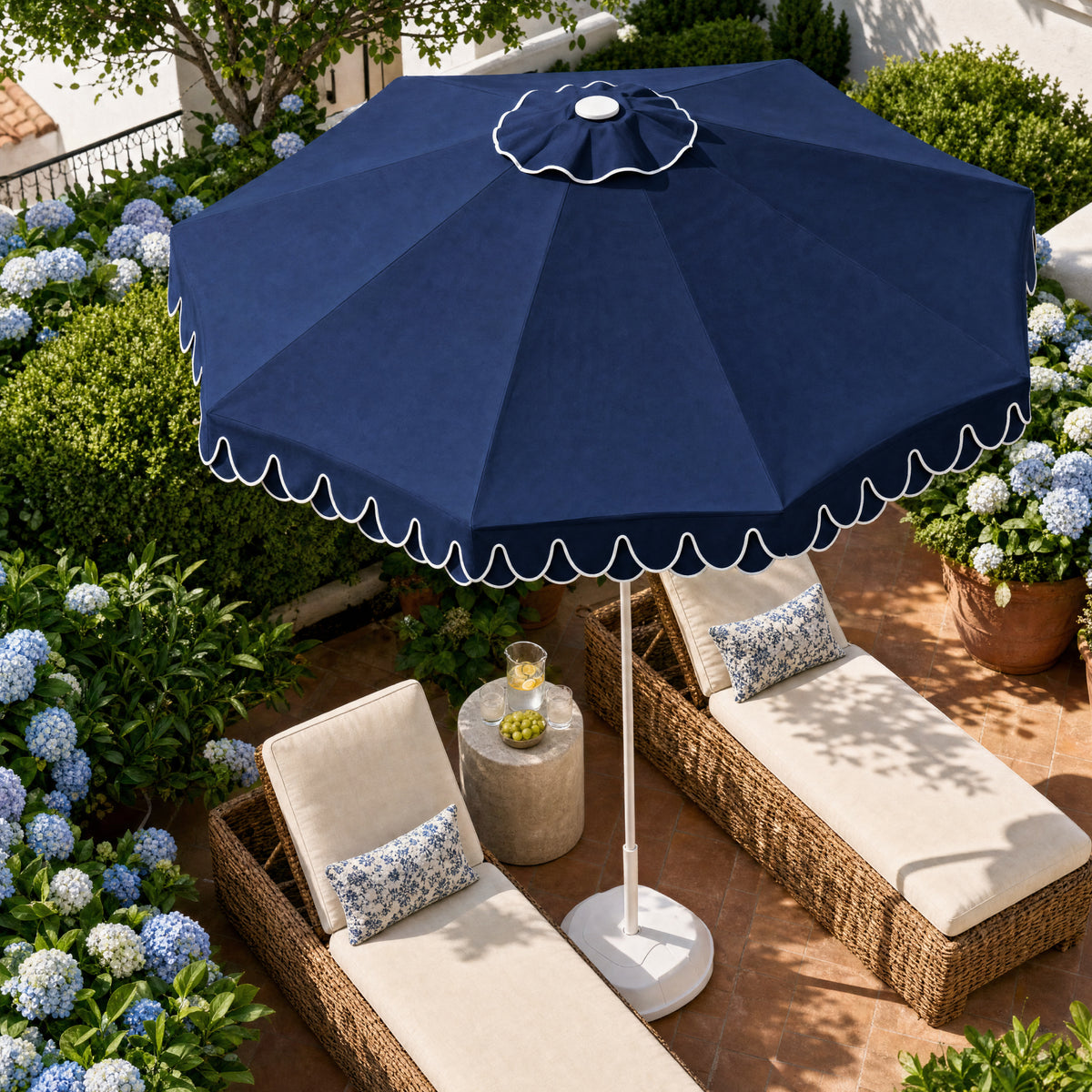 9ft Patio Market Umbrella, Double Scallop Trim, UV Resistant, Crank & Tilt