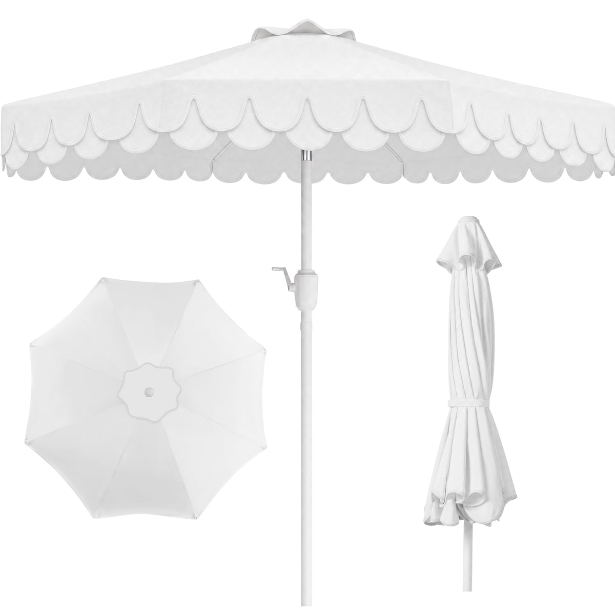9ft Patio Market Umbrella, Double Scallop Trim, UV Resistant, Crank & Tilt