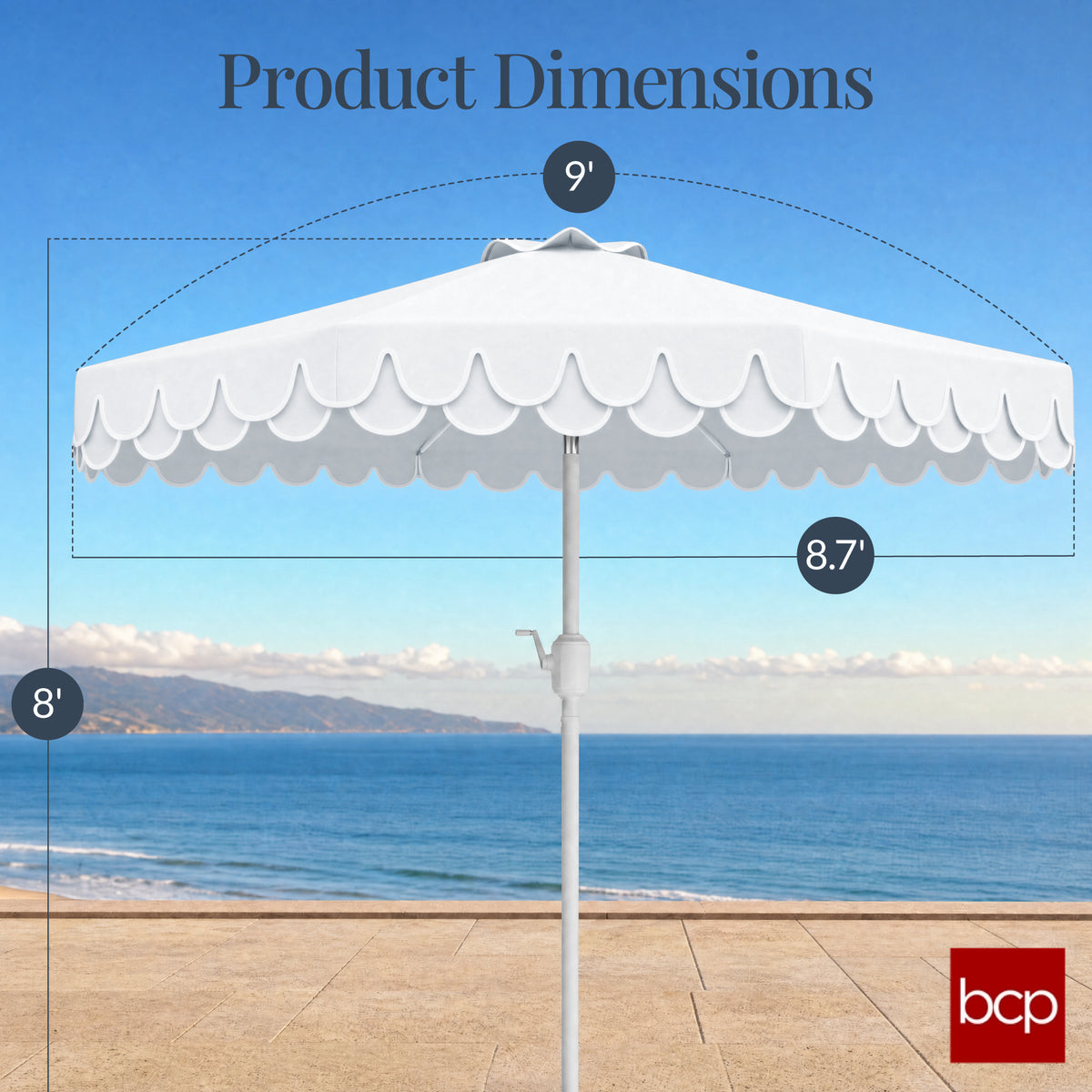 9ft Patio Market Umbrella, Double Scallop Trim, UV Resistant, Crank & Tilt