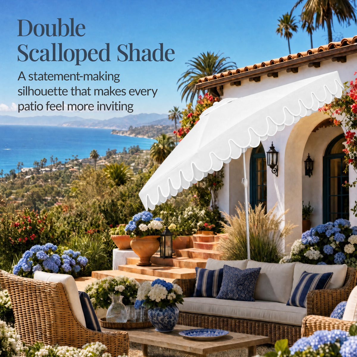 9ft Patio Market Umbrella, Double Scallop Trim, UV Resistant, Crank & Tilt