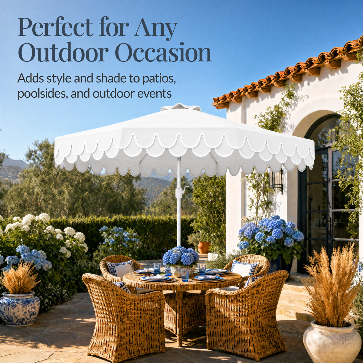 9ft Patio Market Umbrella, Double Scallop Trim, UV Resistant, Crank & Tilt