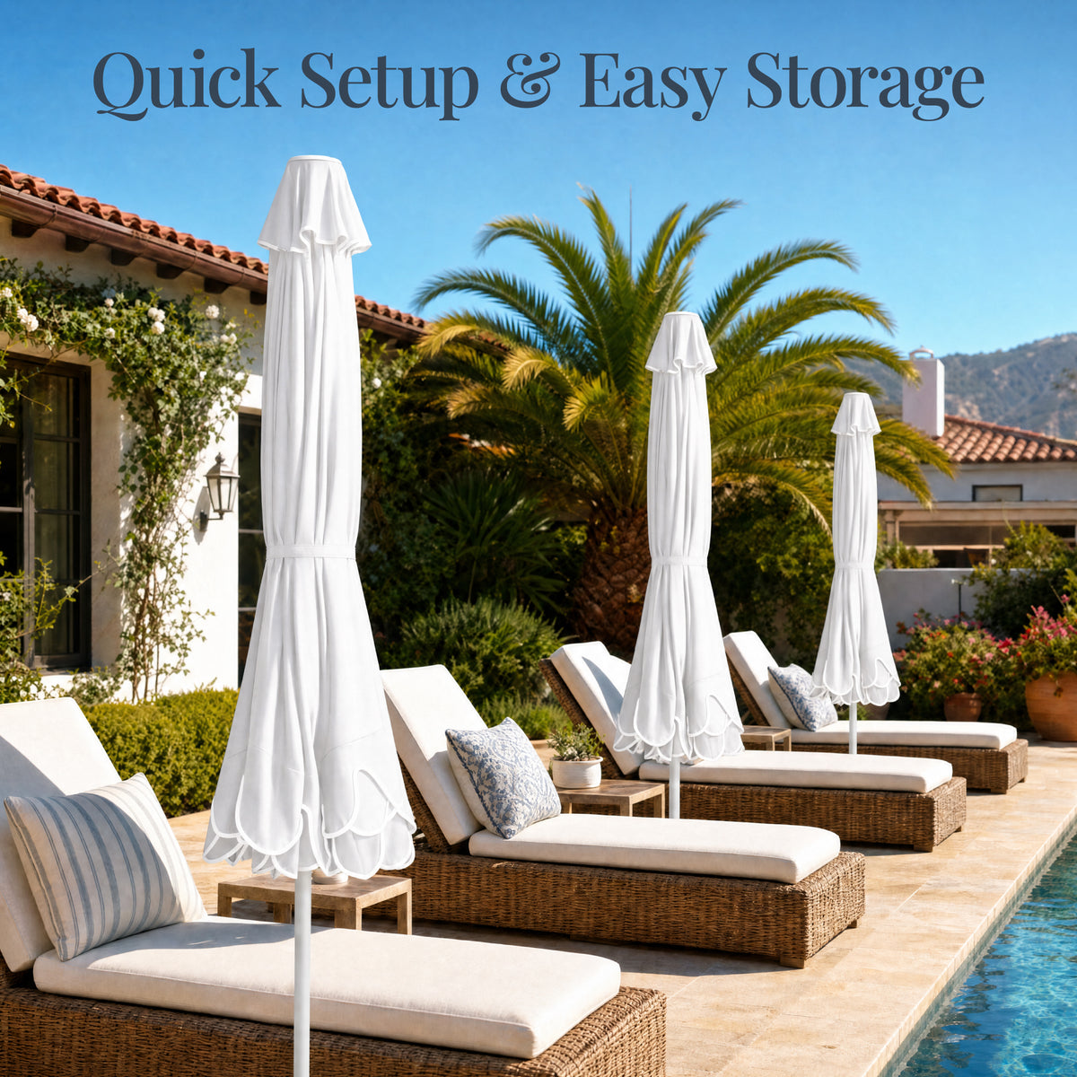 9ft Patio Market Umbrella, Double Scallop Trim, UV Resistant, Crank & Tilt