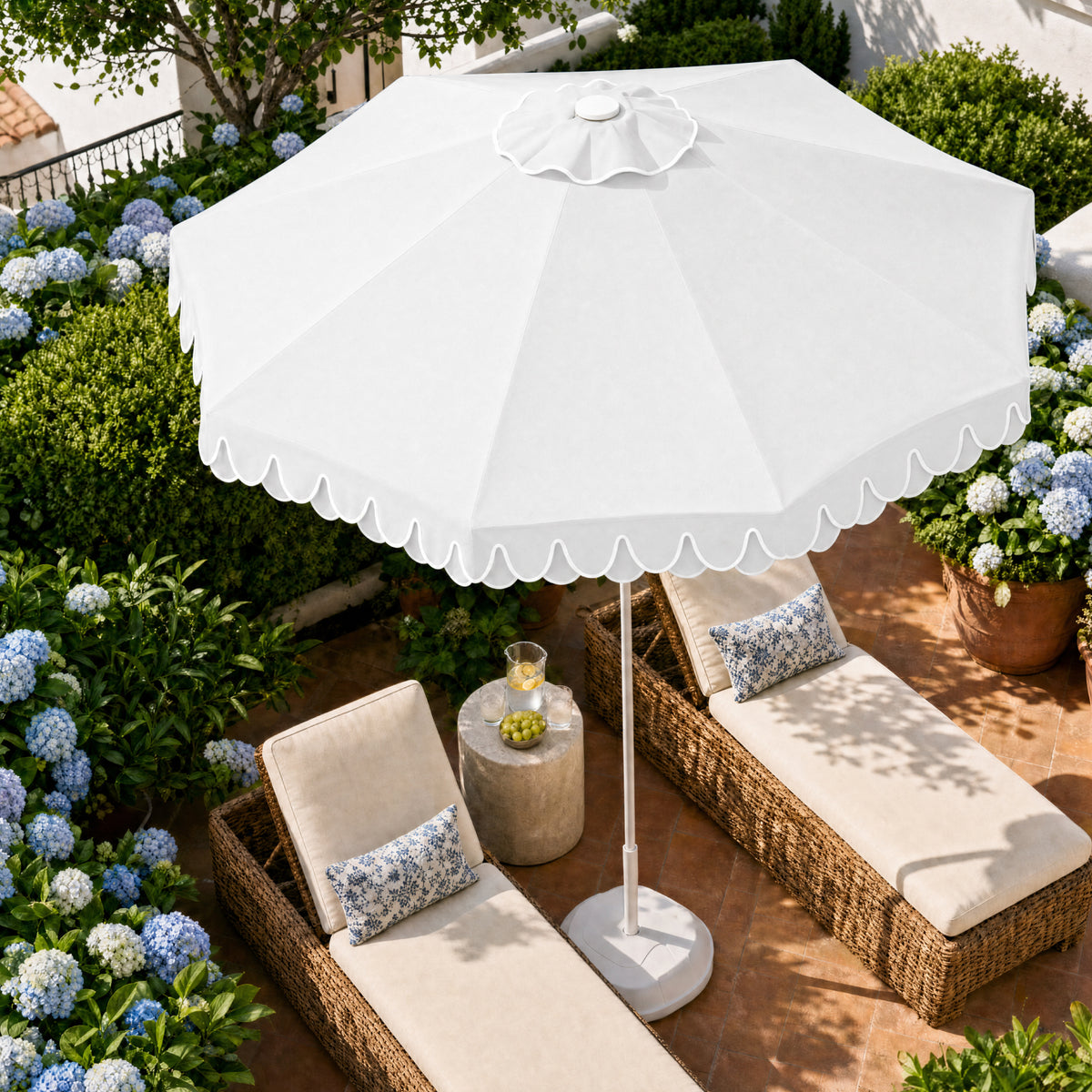 9ft Patio Market Umbrella, Double Scallop Trim, UV Resistant, Crank & Tilt