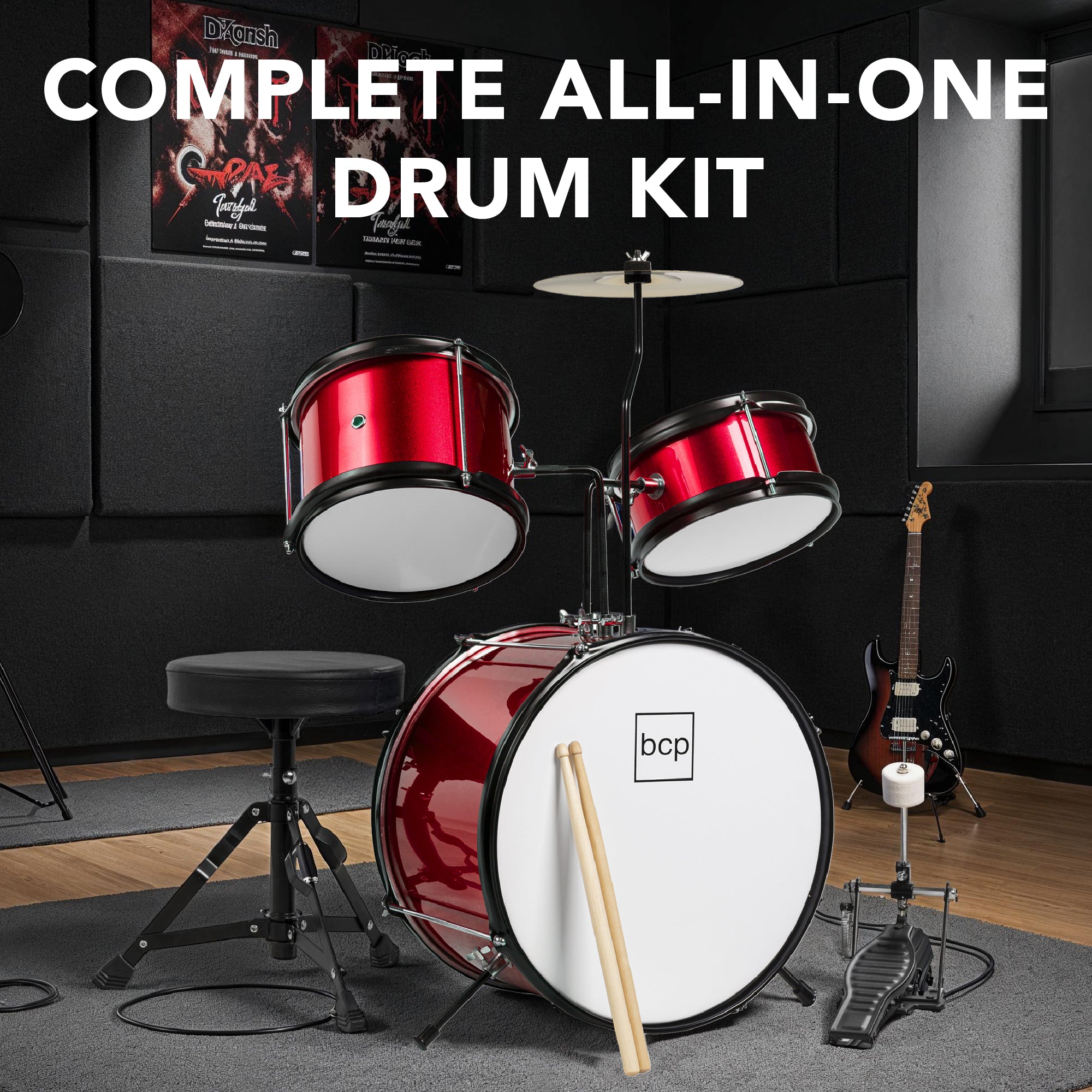 Kids Beginner 3-Piece Drum, Musical Instrument Set w/ Sticks, Stool, Pedal