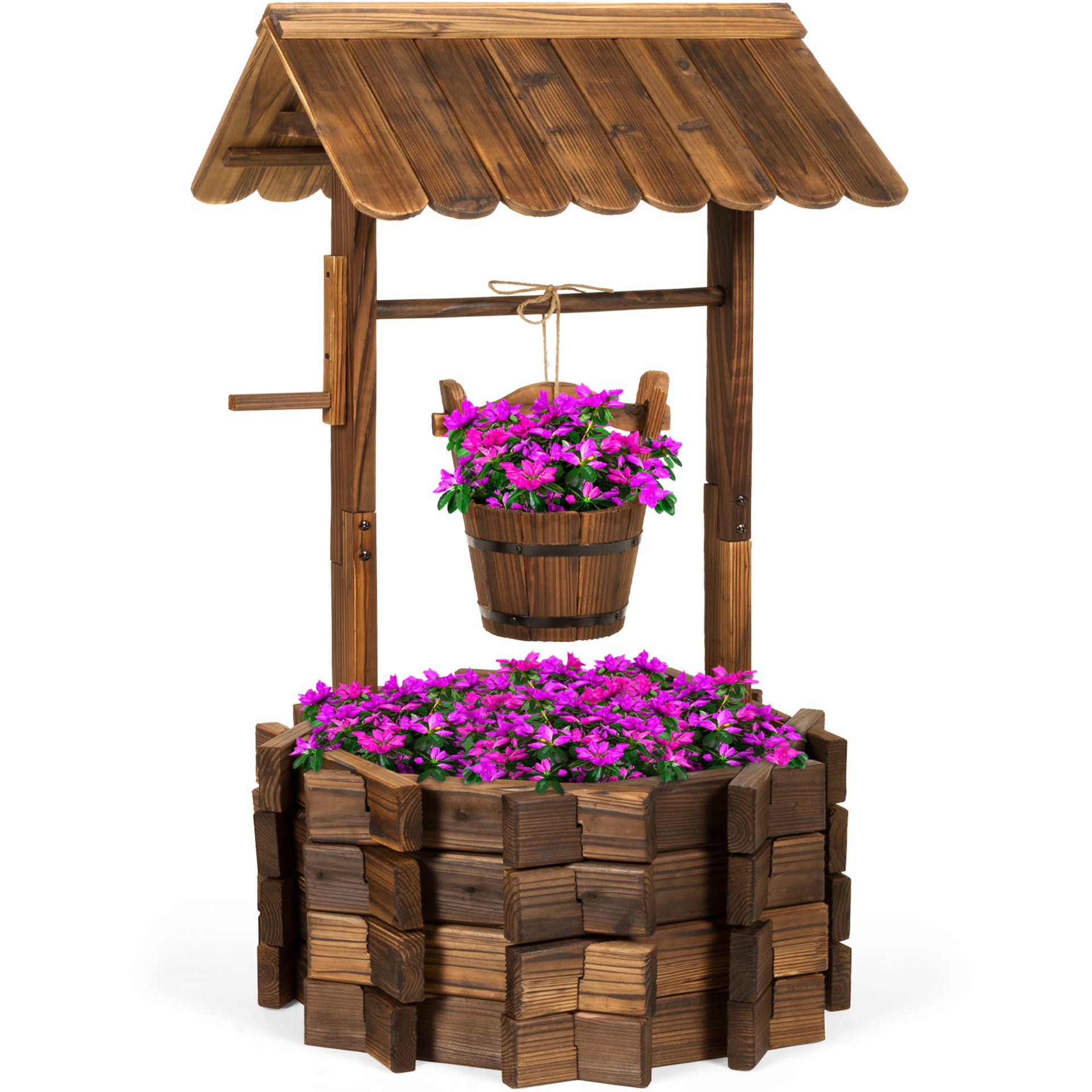 21.5" Rustic Wooden Wishing Well Planter Yard Decoration w Hanging Bucket