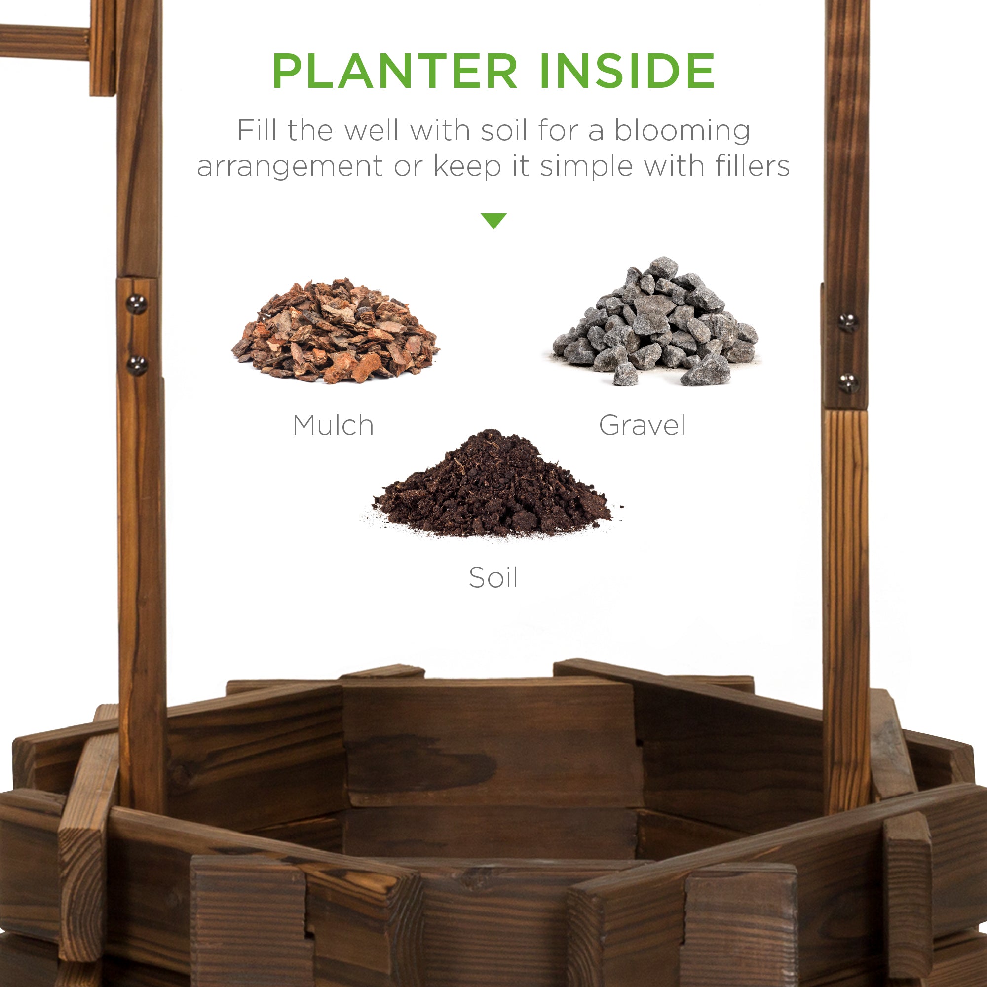 Rustic Wooden Wishing Well Planter Yard Decoration w/ Hanging Bucket