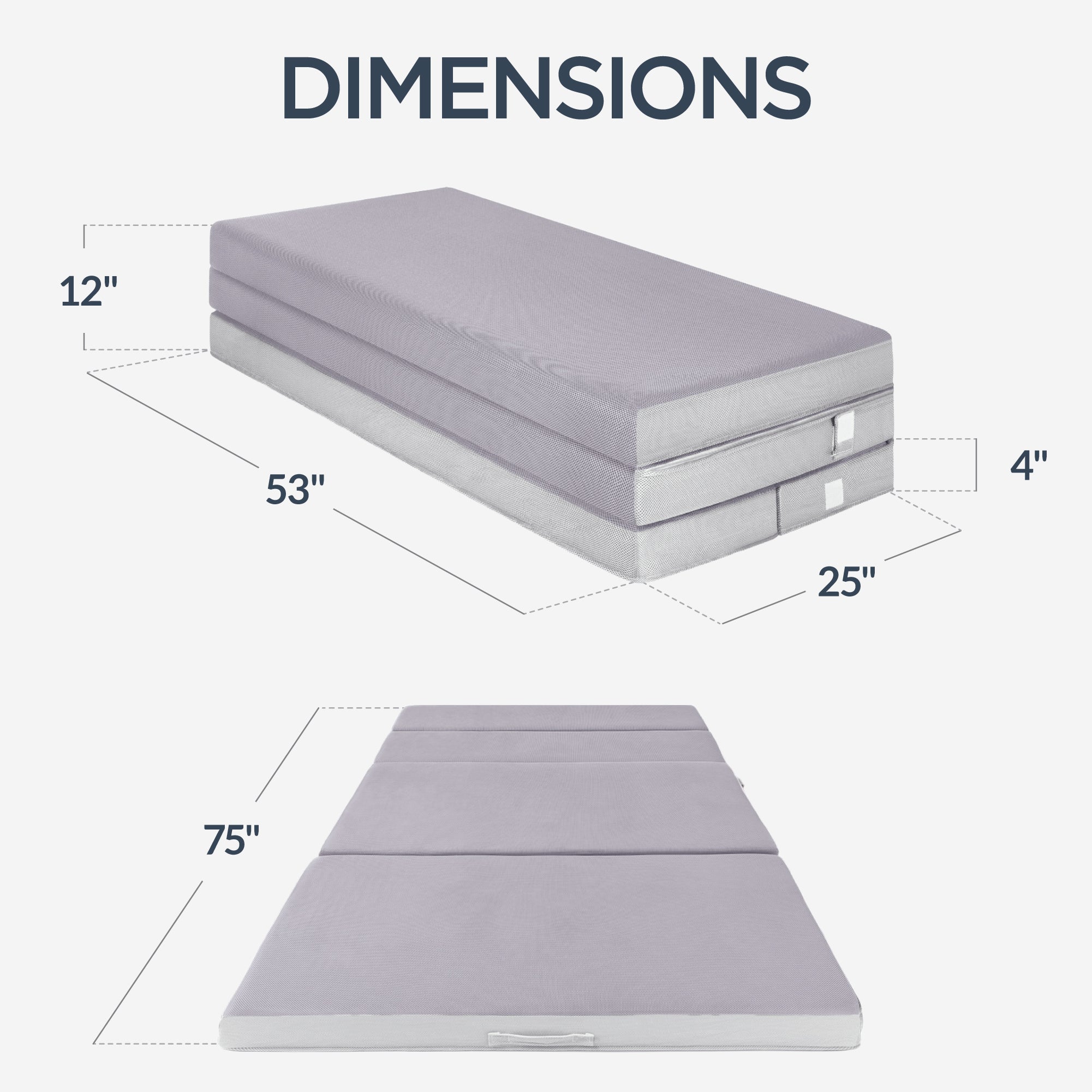 4in Portable Mattress Topper, Tri-Fold Mattress Pad - Gray