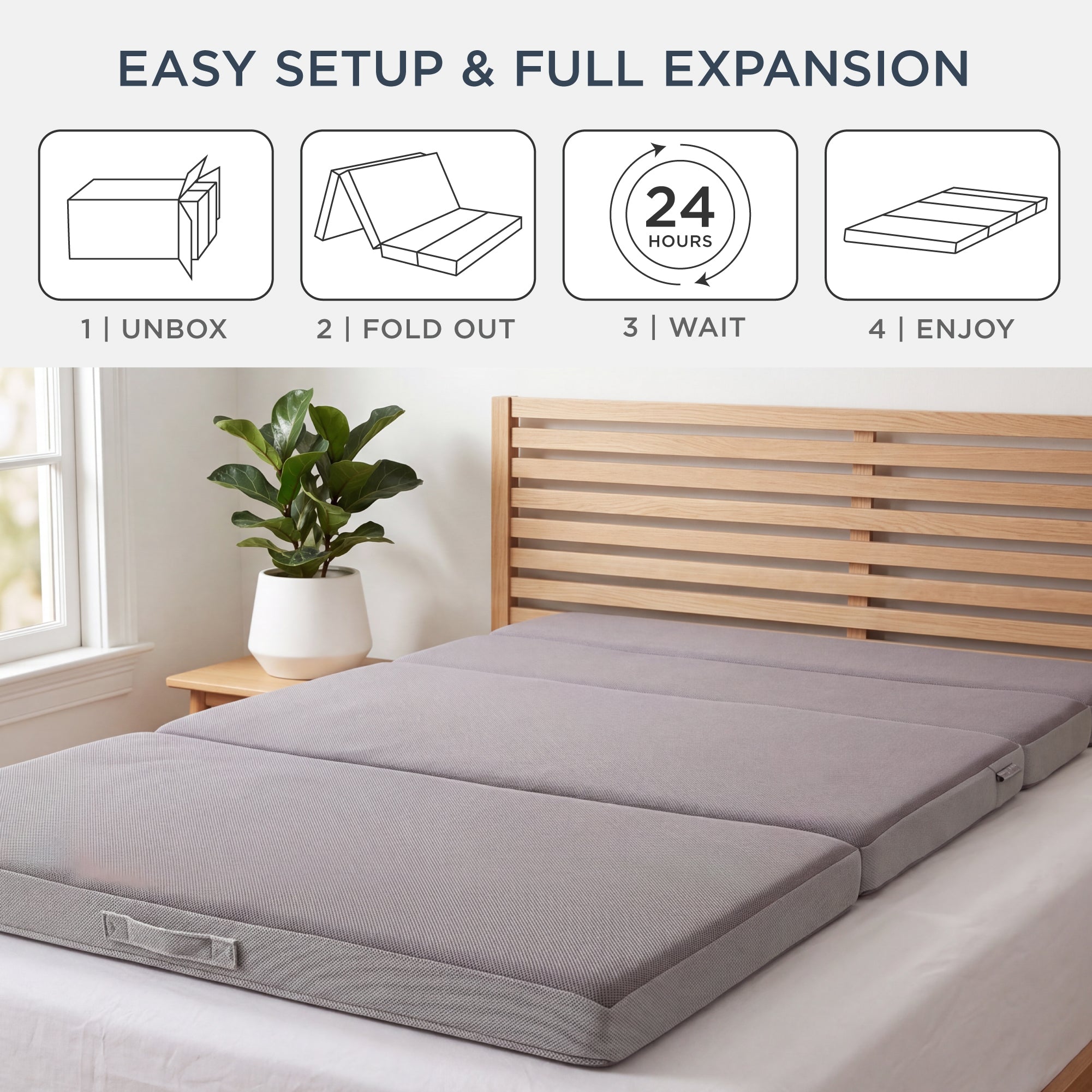 4in Portable Mattress Topper, Tri-Fold Mattress Pad - Gray