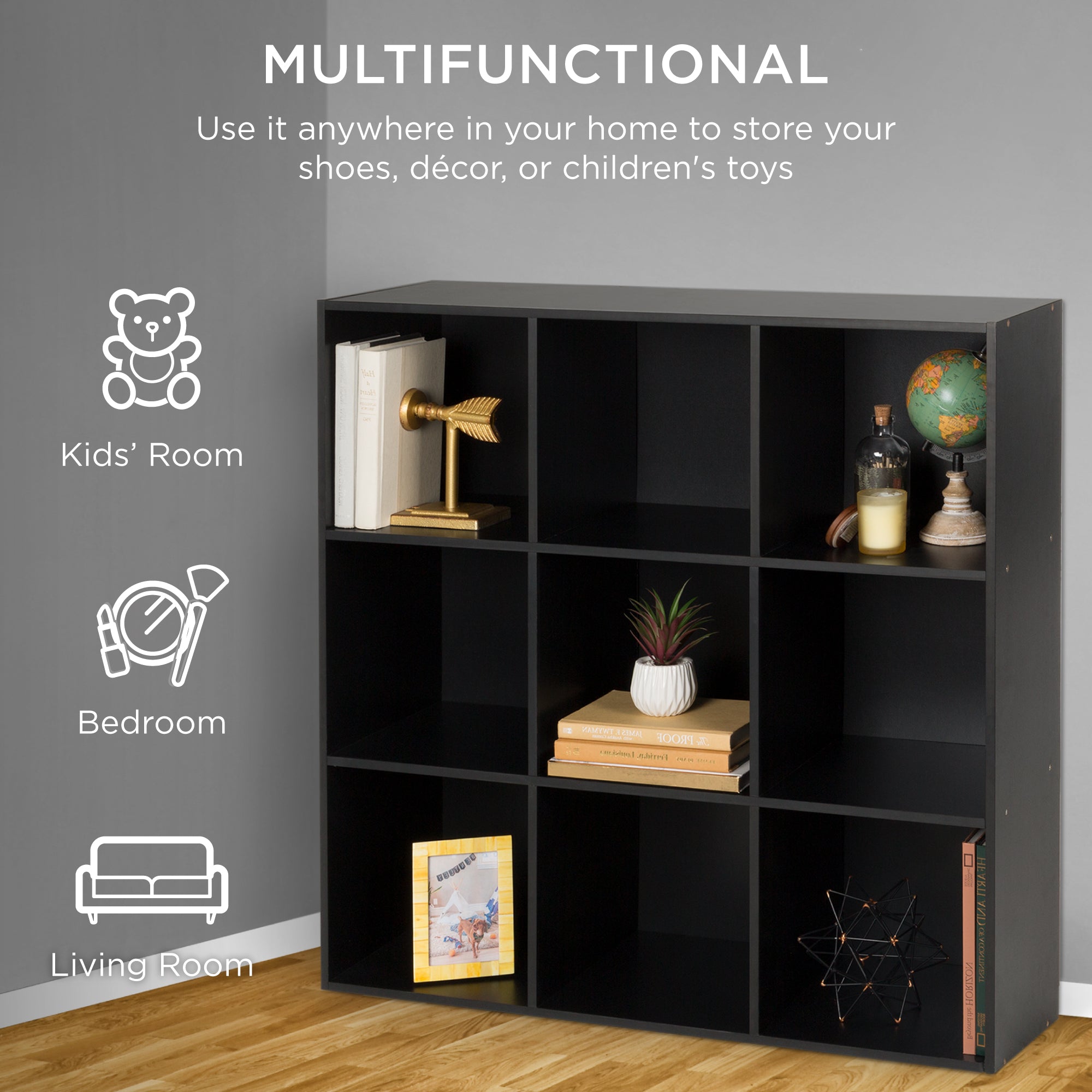 9-Cube Bookshelf Storage Display w/ 3 Removable Panels, Customizable D ...