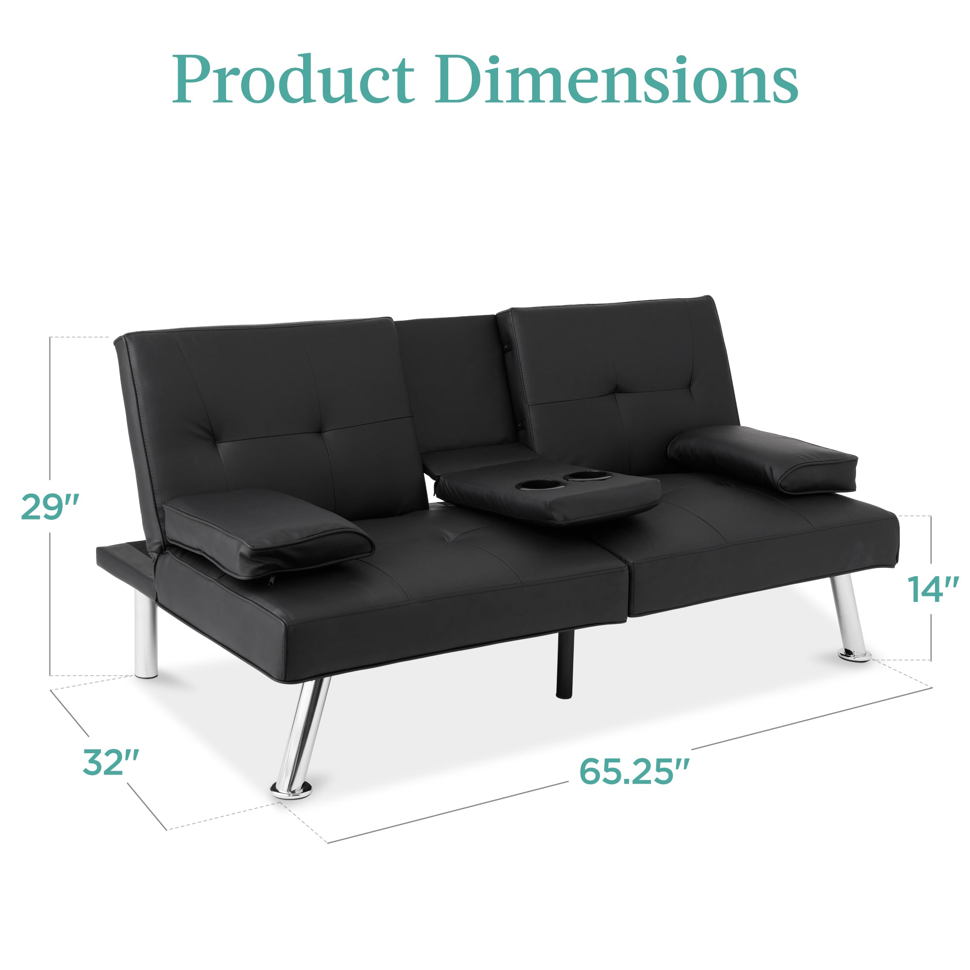 Faux Leather Upholstered Convertible Sofa Bed Futon w/ 2 Cupholders