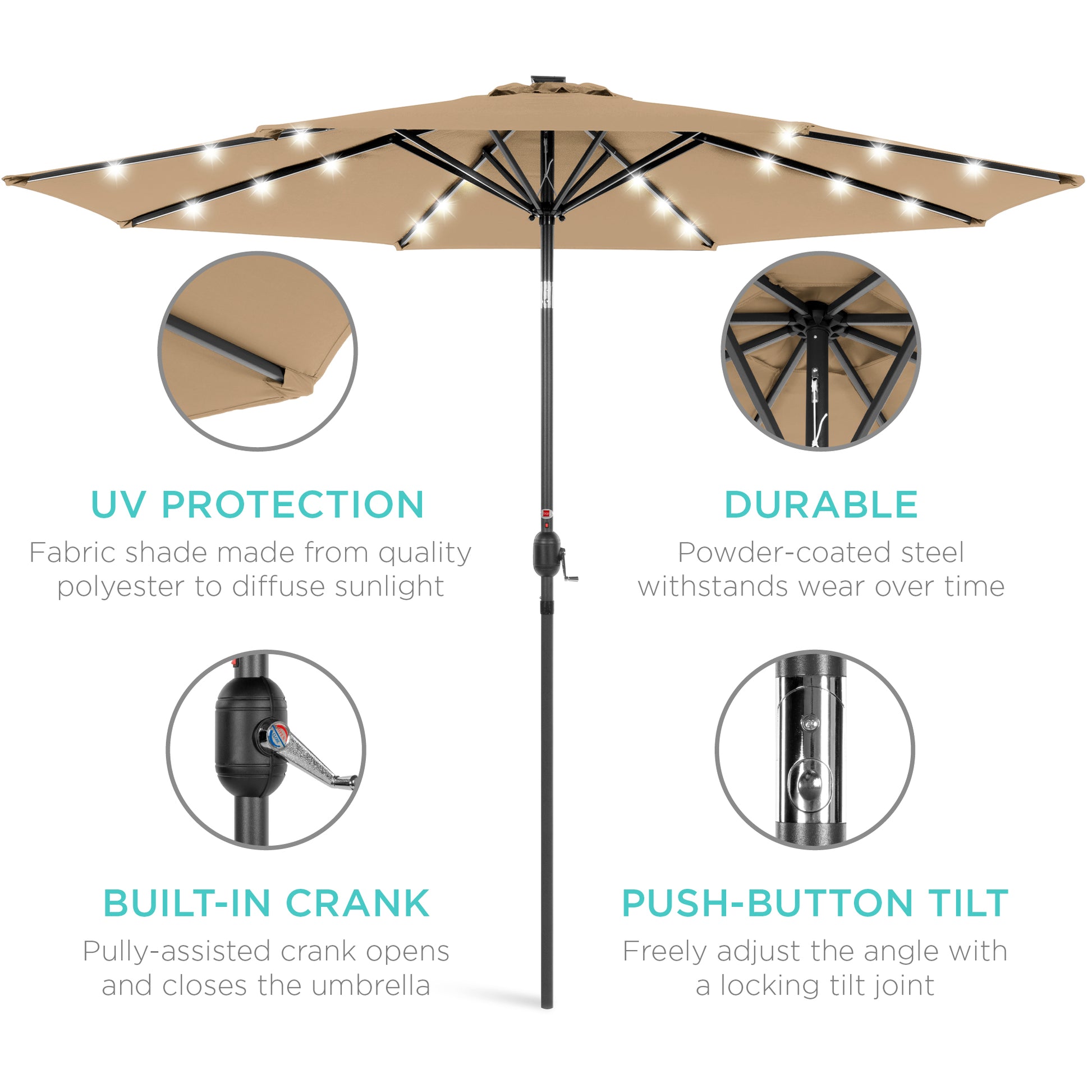 Solar LED Lighted Patio Umbrella w/ Tilt Adjustment, UV-Resistant - 10ft