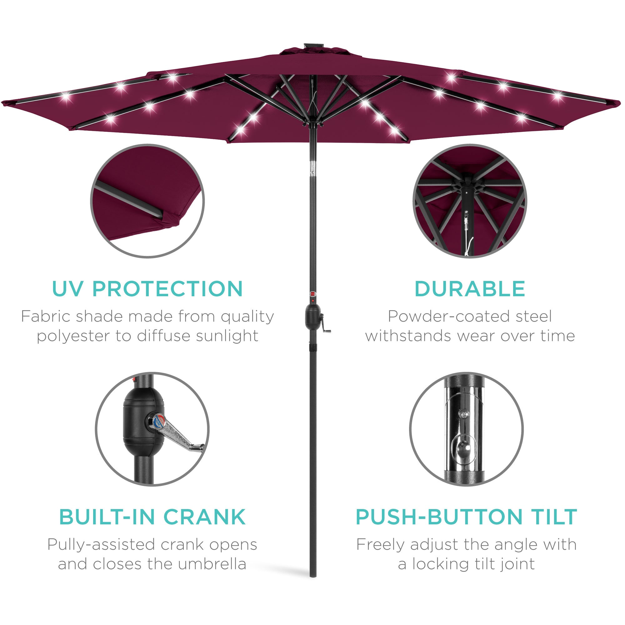 Solar LED Lighted Patio Umbrella w/ Tilt Adjustment, UV-Resistant - 10ft