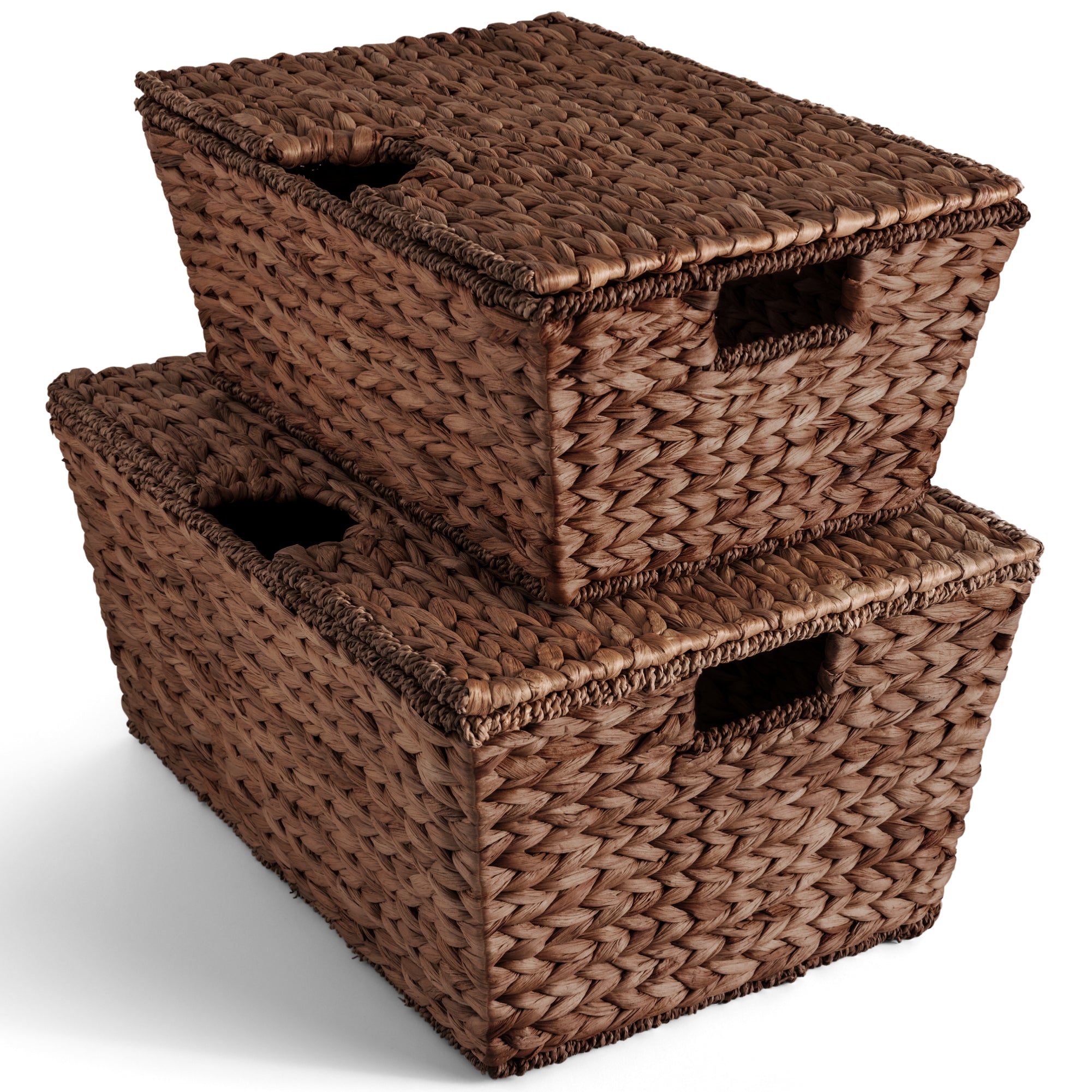 Set of 2 X-Large & Medium Woven Storage Baskets, Bins W/Lids & Handles