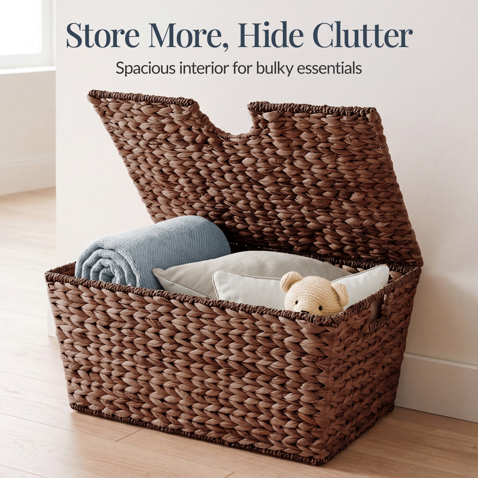 Set of 2 X-Large & Medium Woven Storage Baskets, Bins W/Lids & Handles